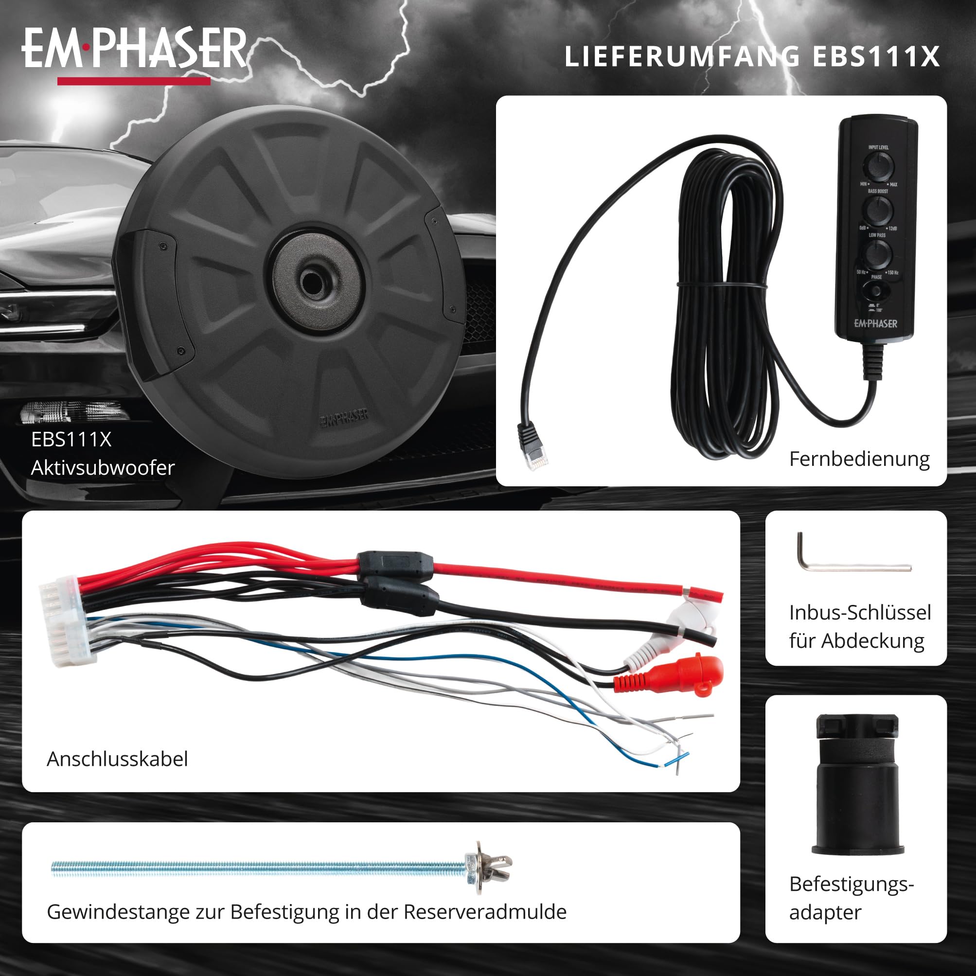 EMPHASER EBS111X – Aktivsubwoofer für Reserveradmulde oder Ersatzrad – 28 cm / 11" Auto Subwoofer mit 300 W Verstärker, kompakte Car-Audio Bassbox, nur 120 mm Bauhöhe