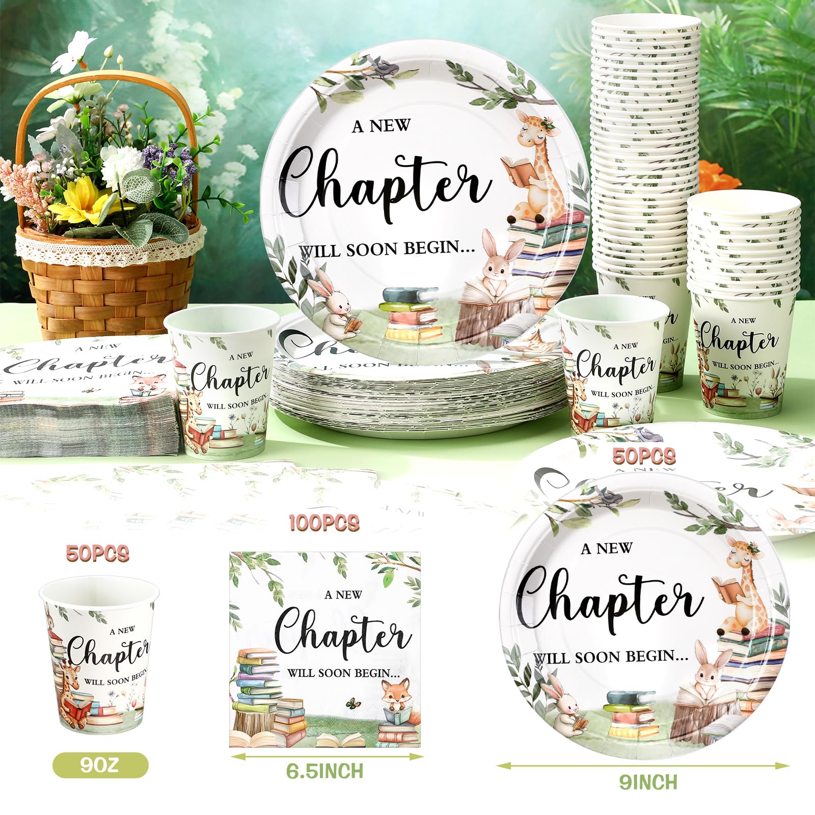 Hushee 200 Pcs Storybook Baby Shower Decorations Supplies A New Chapter Will Soon Begin Book Baby Shower Paper Plates Napkins Cups Library Reading Book Club Tableware Set for 50 Guest