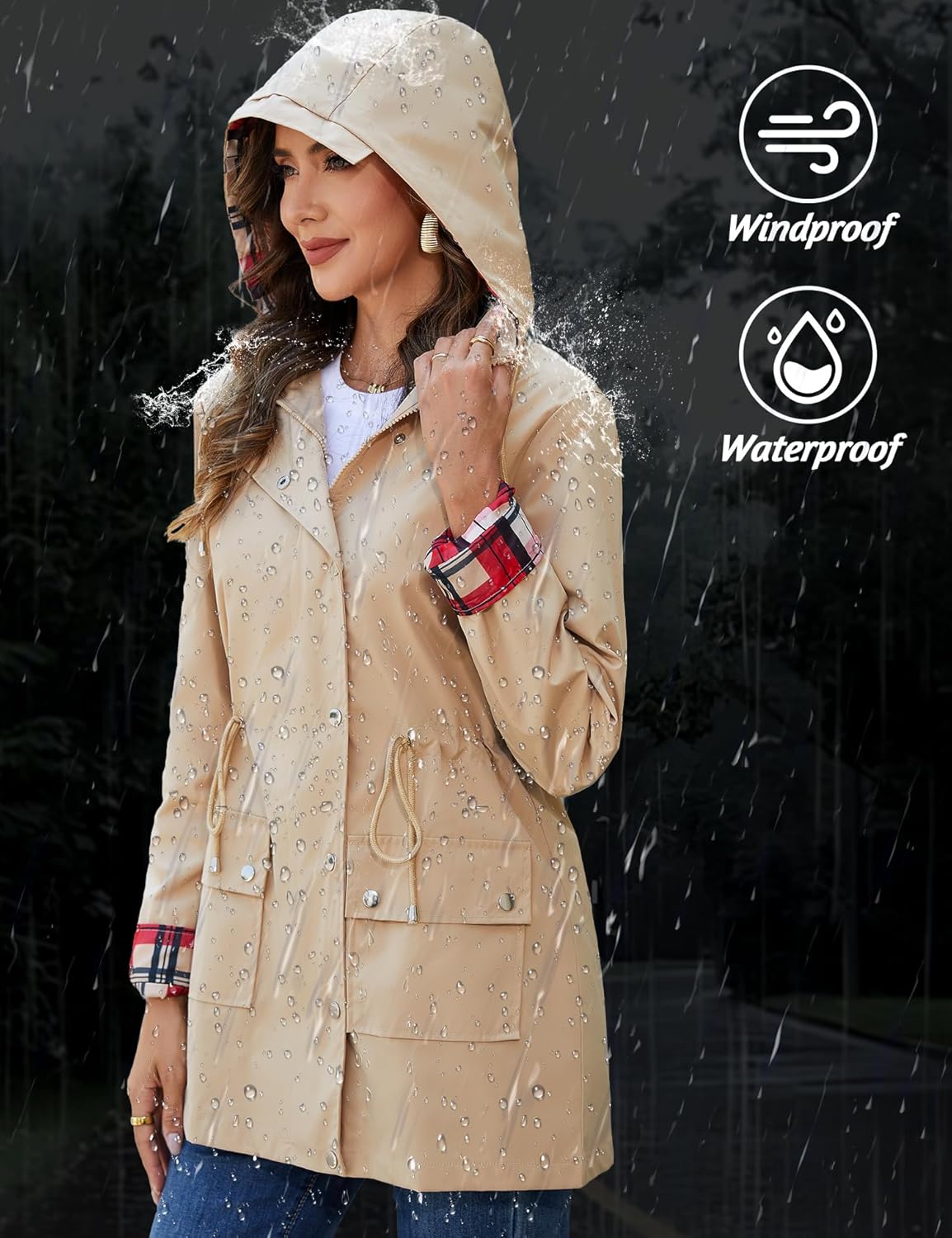 BBX Lephsnt Rain Coats for Women Waterproof Rain Jacket Lightweight Windbreaker Outdoor Hooded Trench Coat