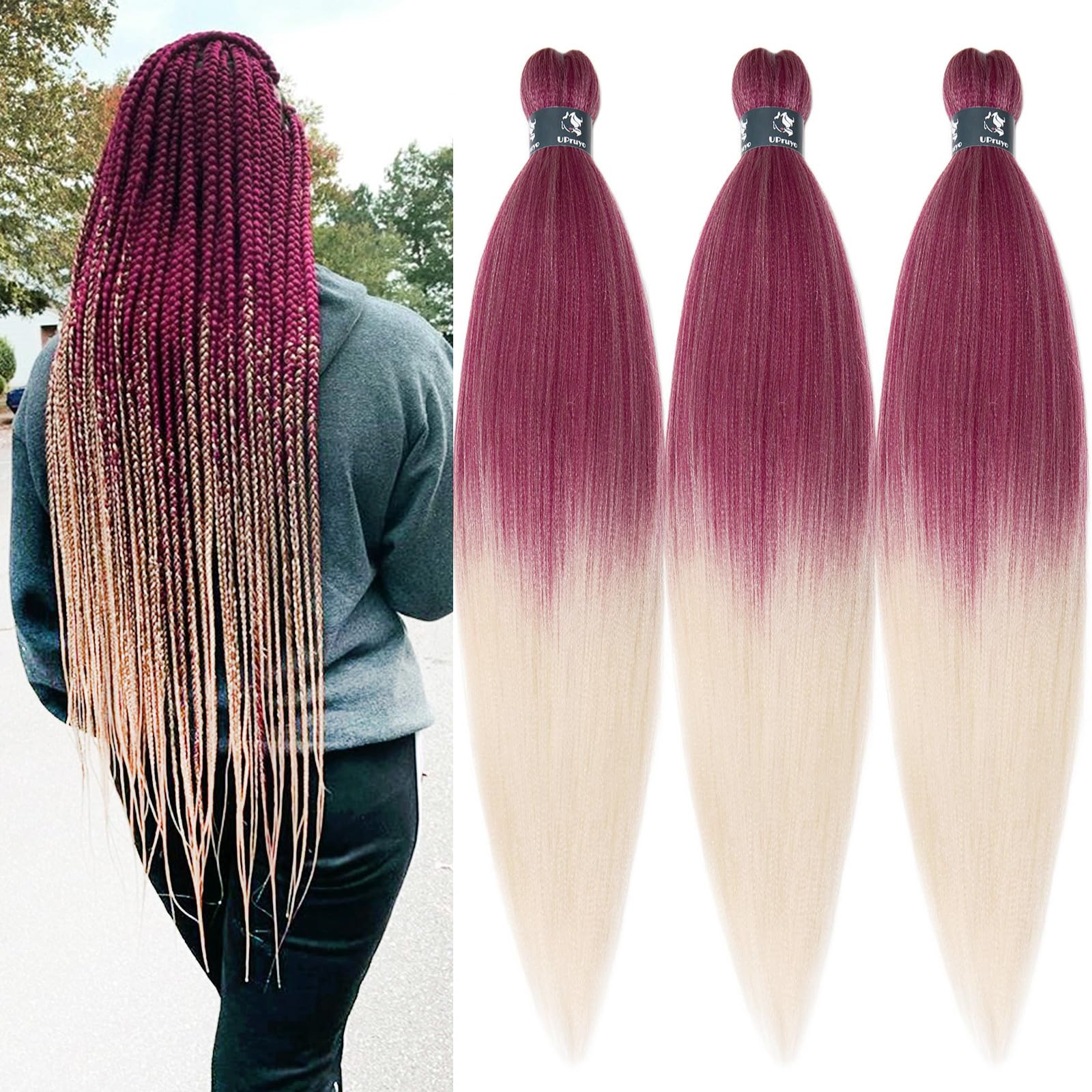 UPruyo Ombre Braiding Hair Pre Stretched Box Braids Synthetic Braiding Hair Extensions Kanekalo Colored Prestretched Braiding Hair Ombre 26 Inch