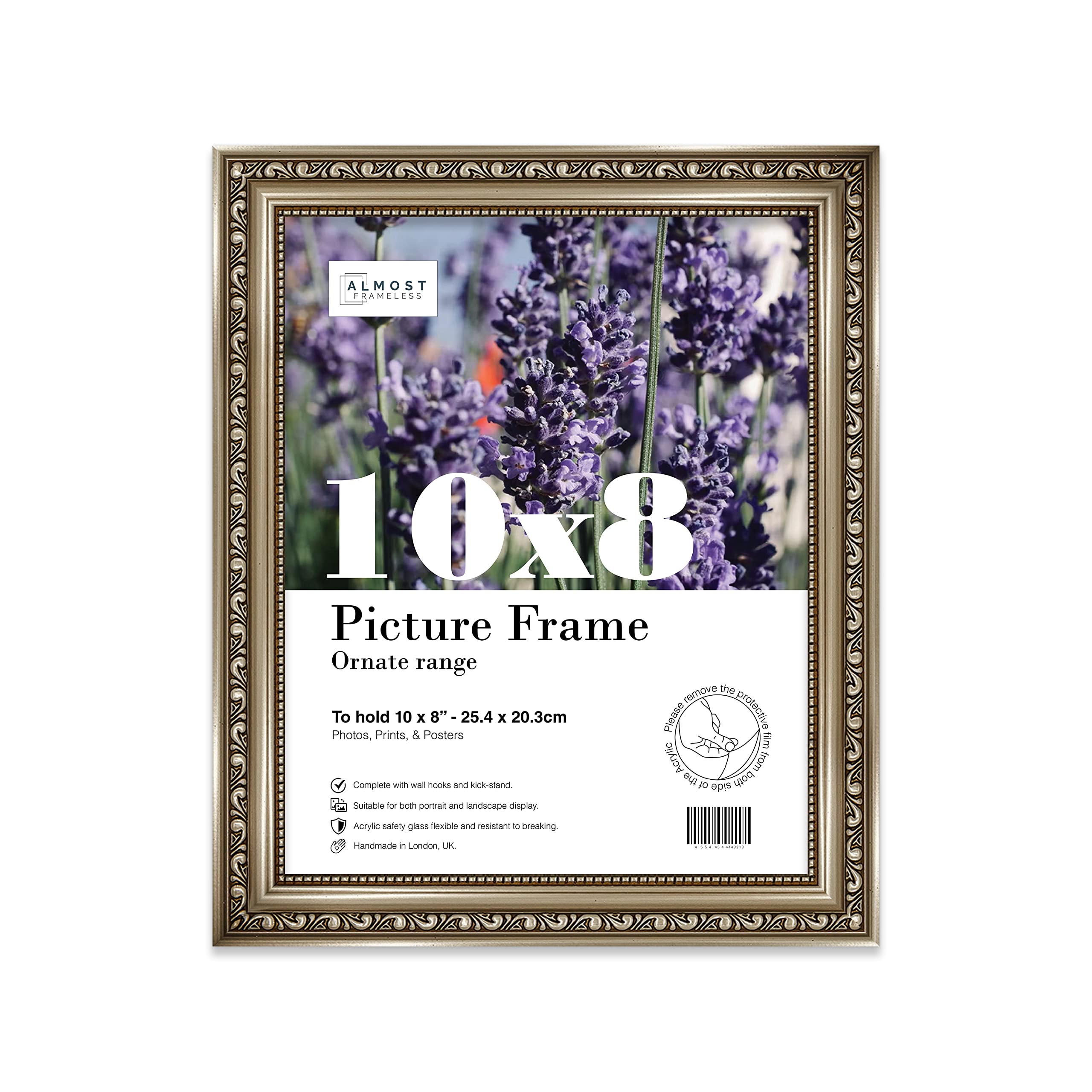 Almost Frameless 10x8 Gunmetal Ornate Picture Frame 10"x8"(25.4x20.3cm) Poster, Photo, Artwork, or Print. Antique Style Portrait and Landscape Display with Wall Hooks