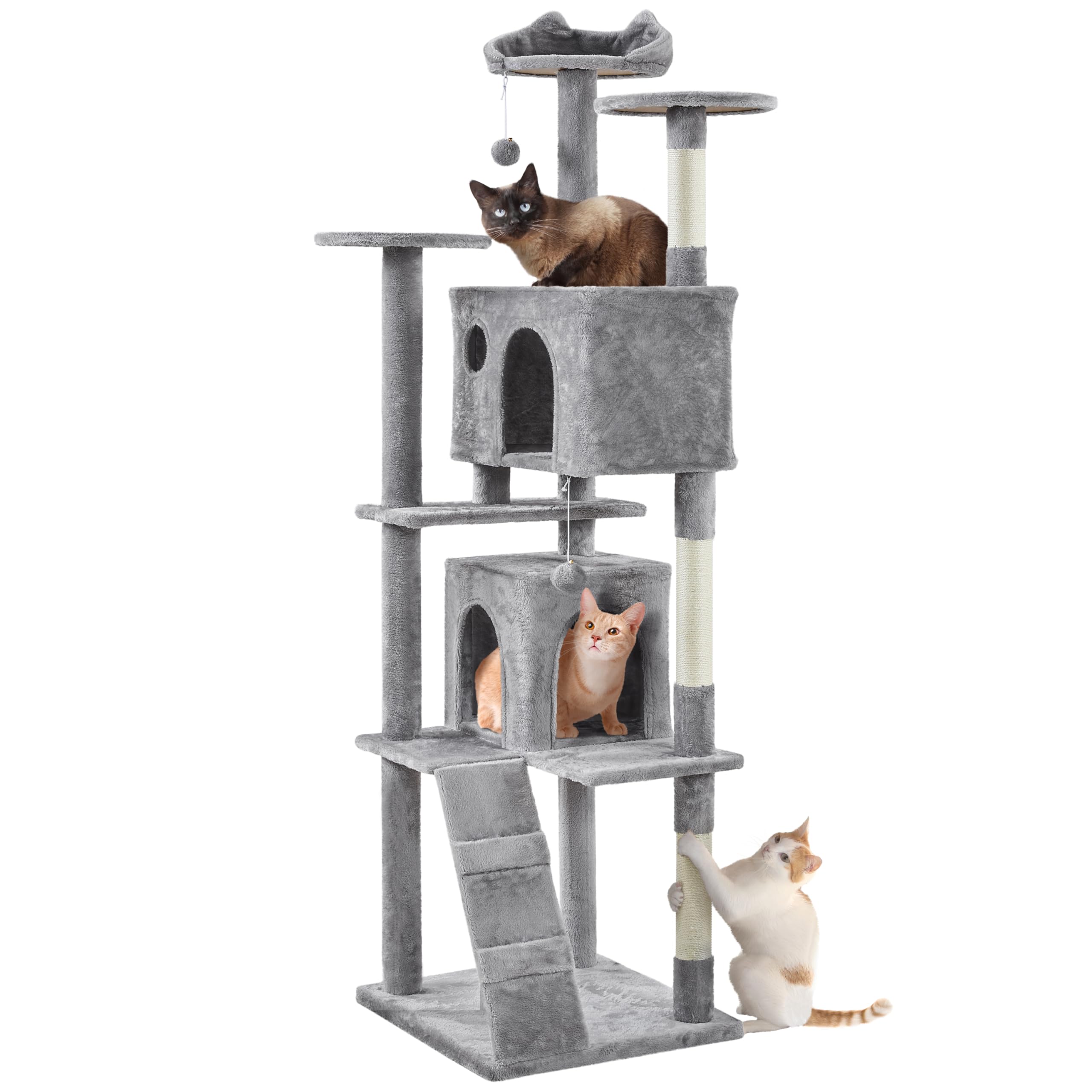 Yaheetech Árbol Rascador para Gatos 139cm con 3 Plataformas 2 Nidos 2 Pompones Torre de Escalador con Postes en Sisal Ideal para 3-4 Gatos Gris Oscuro — view 29