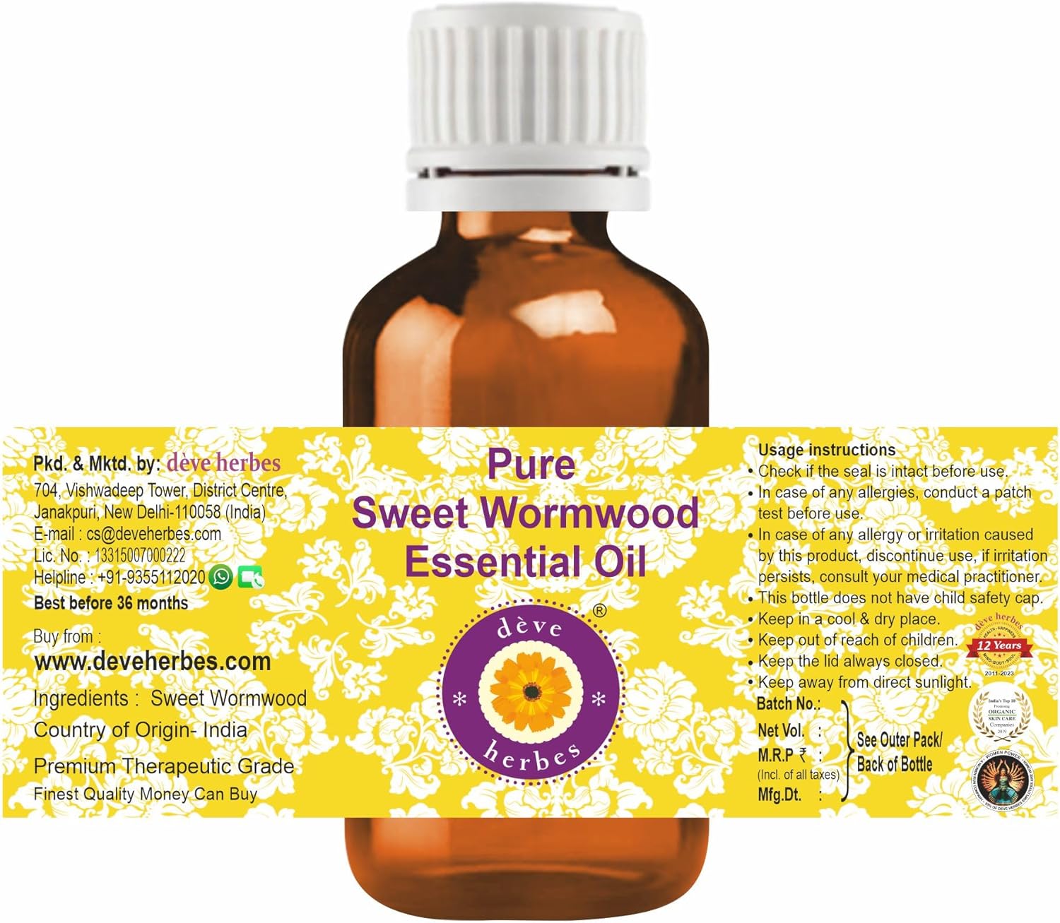 dève herbes Sweet Wormwood Essential Oil (Artemisia annua) Pure | Non-Sticky | Non-Greasy | Lightweight | Men & Women | All Skin Types | Steam Distilled 15ml (0.5 oz) - Image 2