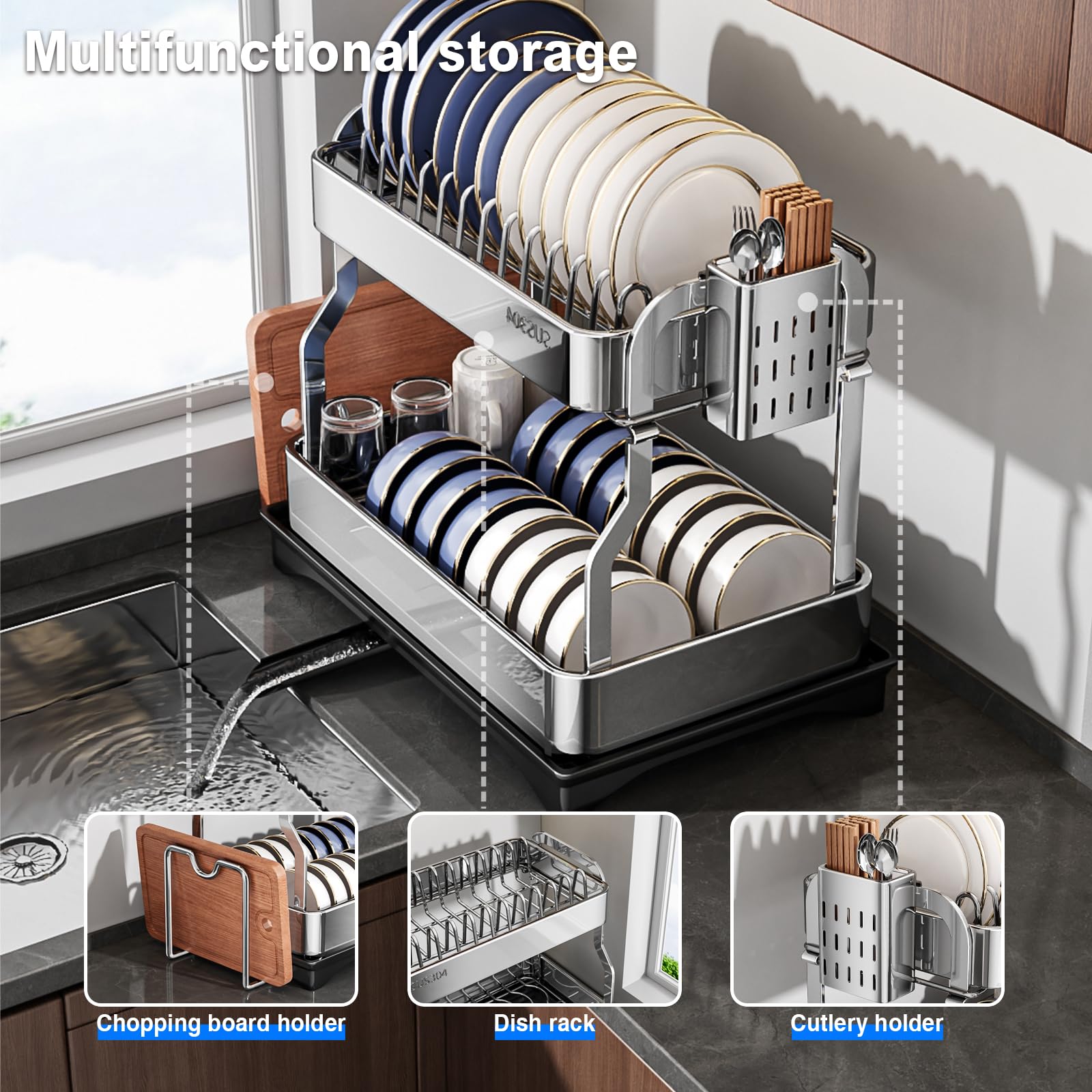 Mustorn escurreplatos, escurridor de Platos para Fregadero escurreplatos Acero Inoxidable Bandeja escurreplatos Dish Drying Rack Incluye una Cesta para Cubiertos y un Soporte para Tabla de Cortar