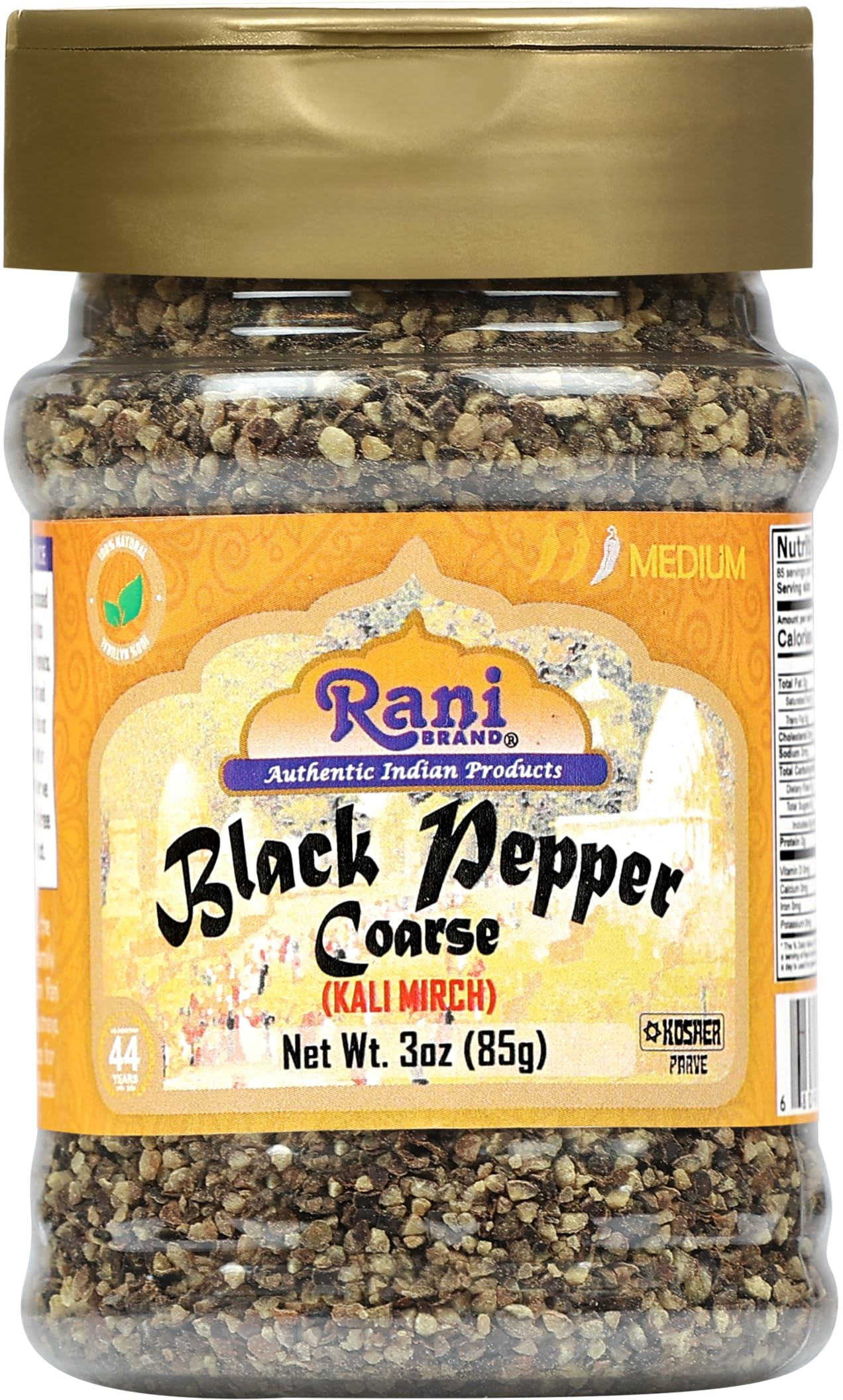Rani Black Pepper Coarse Ground 28 Mesh (Table Grind) 3oz (85g) PET Jar ~ All Natural | Vegan | Gluten Friendly | NON-GMO | Kosher | Product of