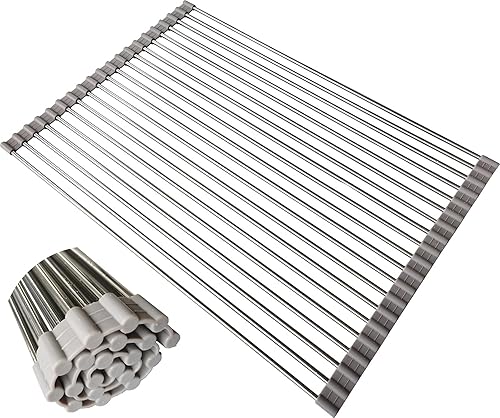 Escurridor de platos enrollable sobre el fregadero, portátil, de acero inoxidable, plegable, para encimera de cocina (gris, 17.7 pulgadas de largo x