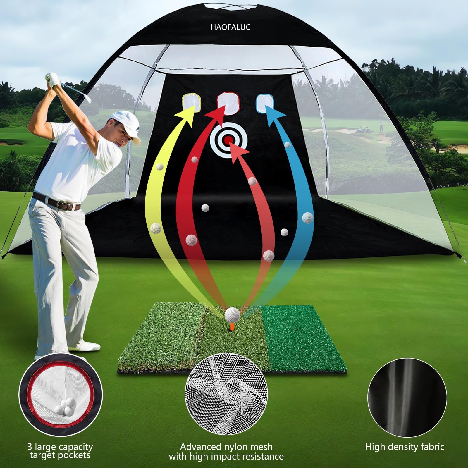 Golf Nets for Backyard Driving Real Golf Balls with Strike Zone Target - 10x7ft Heavy Duty Practice Net, Portable Golf Hitting Net for Outdoor/Indoor Training, Includes Carry Bag,Tri-Turf Hitting Mat