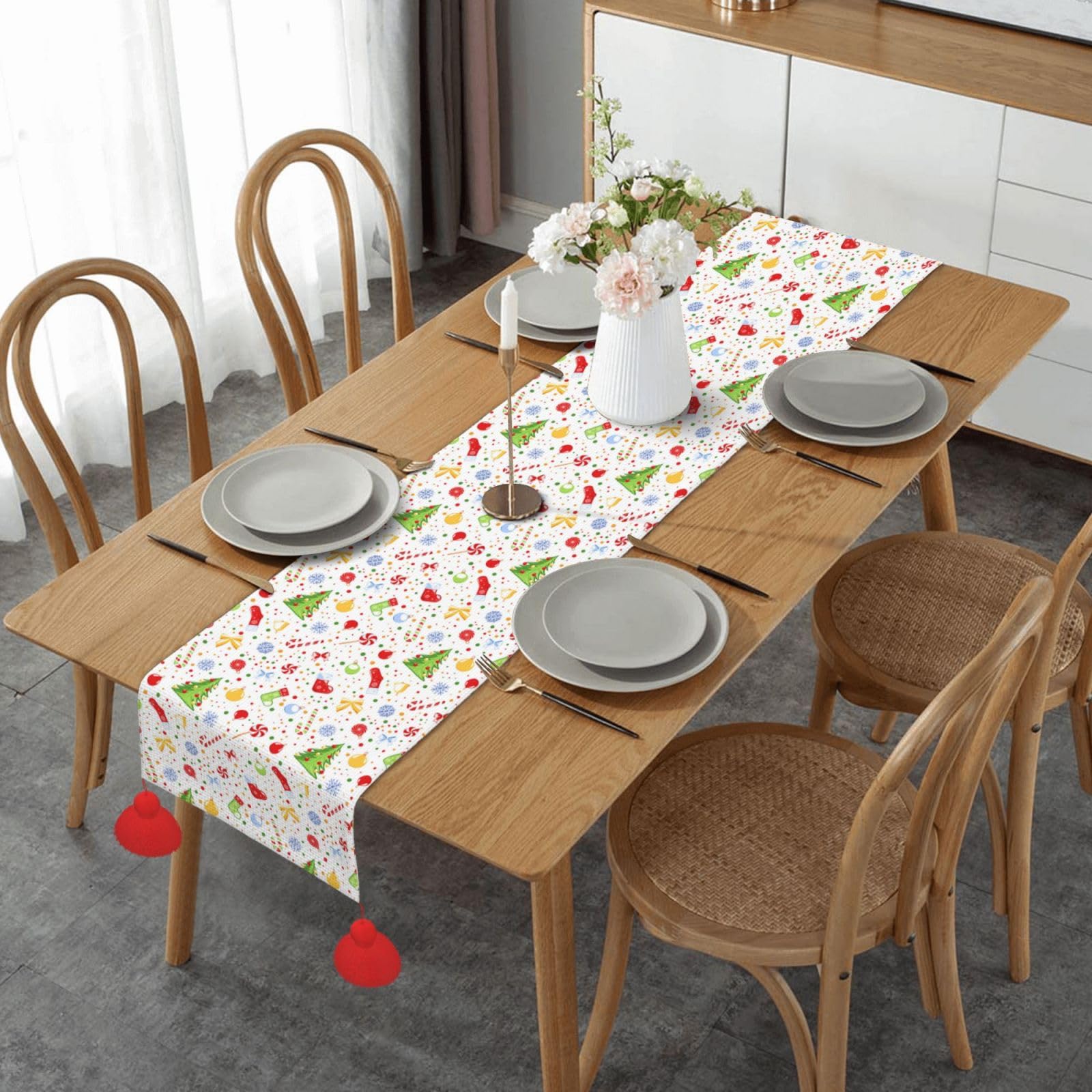 Chemin de table de Noël avec pompon finitions haut de gamme 152 cm