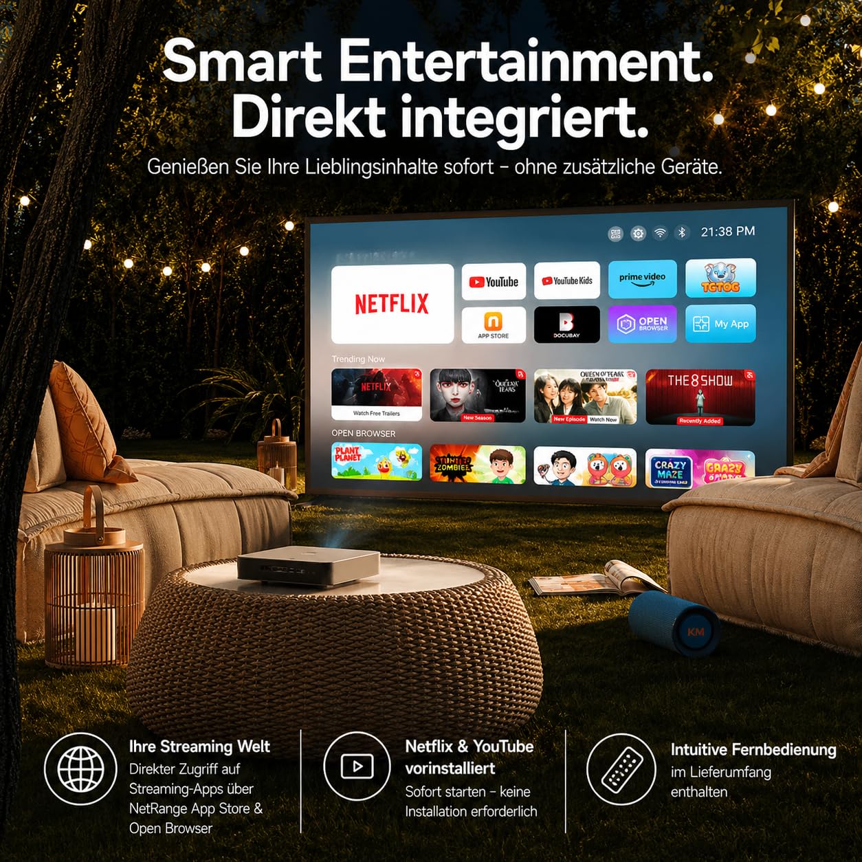 LOEWE We. Beam, Mini Beamer, Projektor, Full HD, ALPD Laser | Entwickelt in Deutschland, Mini Beamer, Full HD, ALPD Laser, 500 ANSI Lumen, Dolby Audio Lautsprecher, 40-120 Zoll, USB-C PD