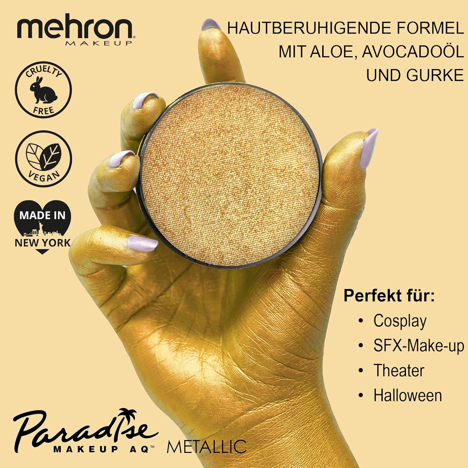 Mehron Makeup Paradise Makeup AQ Pro Size | Stage & Screen, Face & Body Painting, Special FX, Beauty, Cosplay, and Halloween | Water Activated Face Paint & Body Paint 1.4 oz (40 g) (Metallic Gold) - Image 2