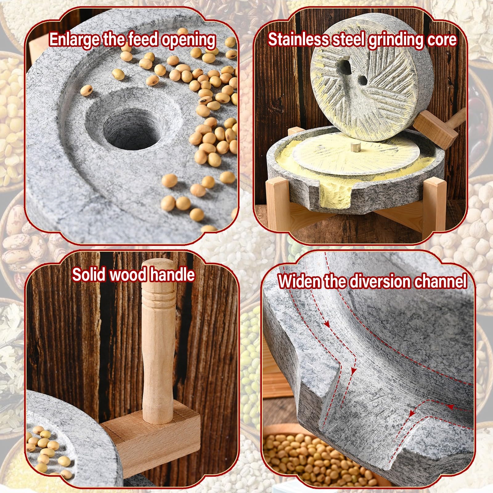Stein Getreidemühle Handkurbel Grinder für Mehl, Weizen, Reis und Erdnüsse Naturstein mit Holzständer Haushalt Küchenwerkzeug