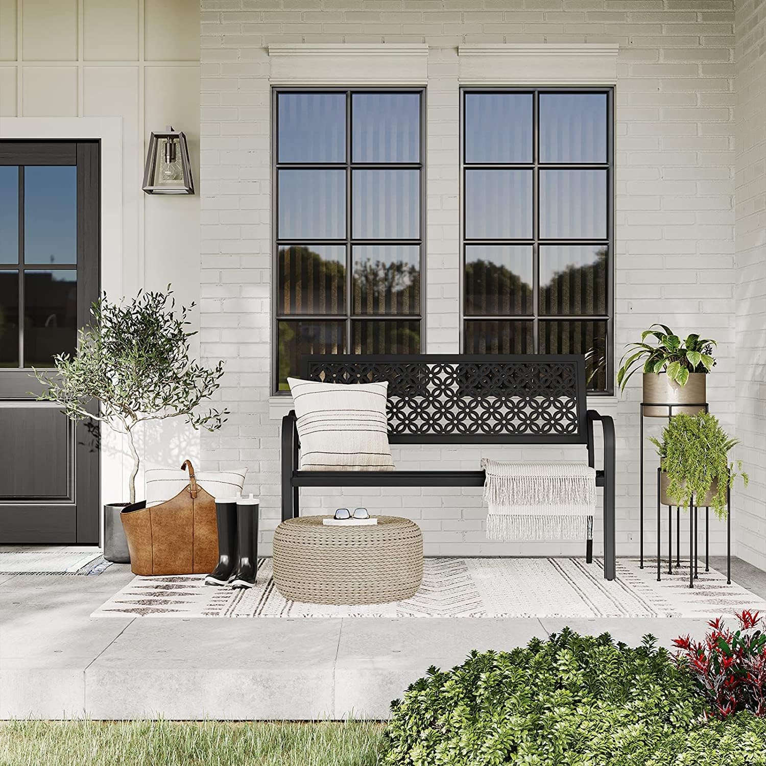 Grand patio Garden Bench, Outdoor Benches with Anti-Rust Steel Metal Frame, Patio Seating for Front Porch Park Outside Furniture Decor, Black Walnut : Patio, Lawn & Garden