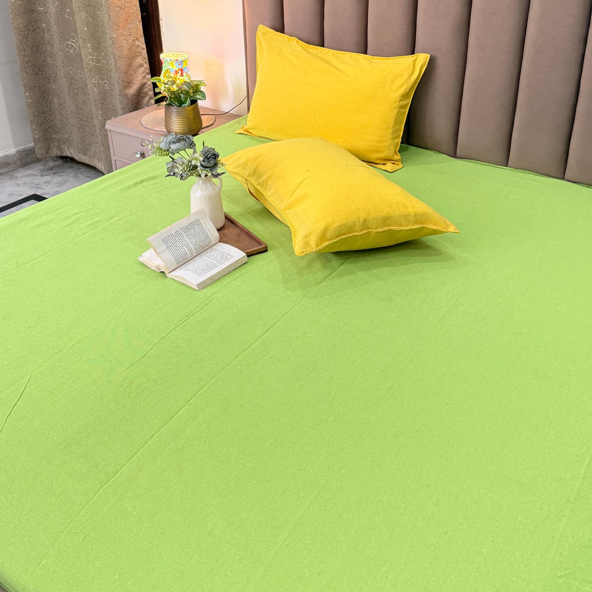 handloom cotton striped double bed bedsheet with 2 pillow covers | lightweight and comfortable | woven striped | super soft king size bedsheet (solid green)