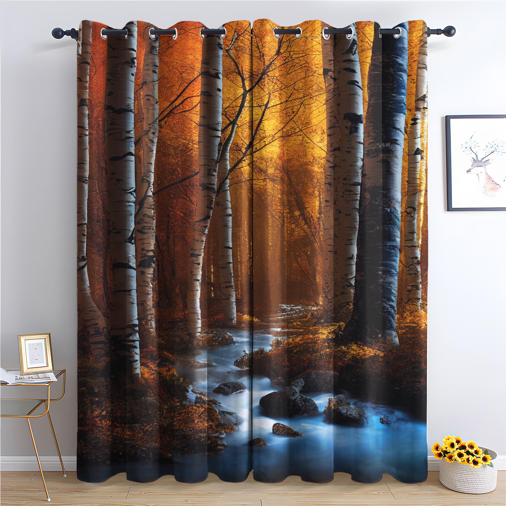 QEODAH Forest Bedroom Curtains Blackout - 3D Birch Tree Woodland Landscape Living Room Curtains 46x54 Eyelet - Soft Thermal Insulated Patterned Drapes for Windows - 2 Panels
