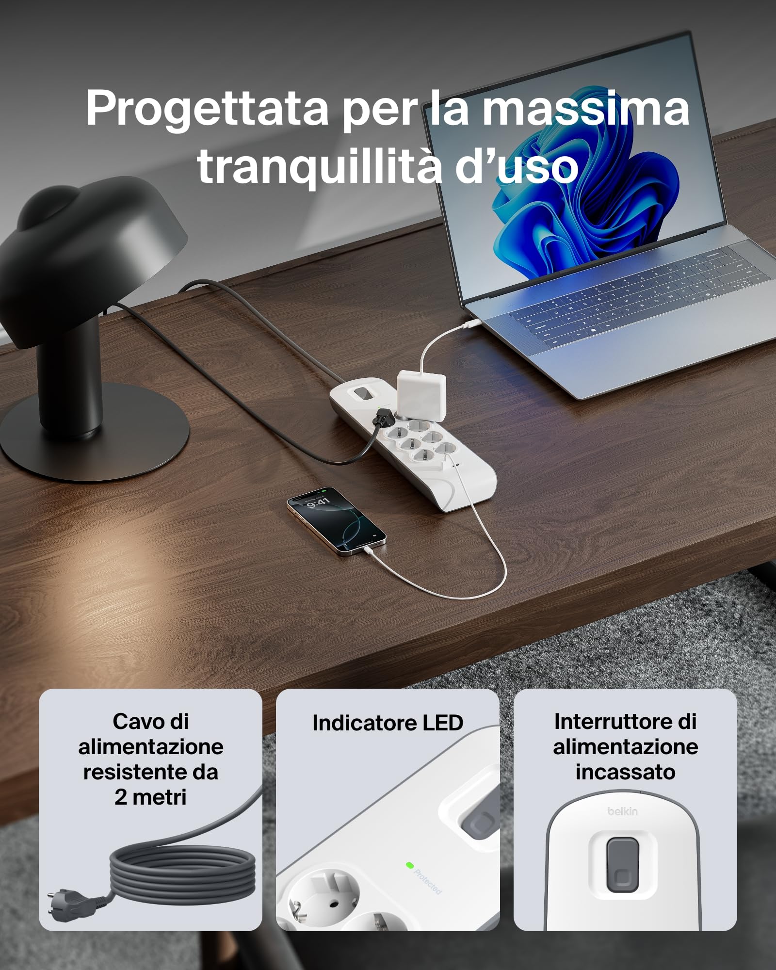 Belkin Ciabatta multipresa con USB e 8 prese, protezione dalle sovratensioni con 8 prese CA protette e 2 porte di ricarica USB-A da 2,4 A, cavo di prolunga da 2 m, presa multipla per casa e ufficio