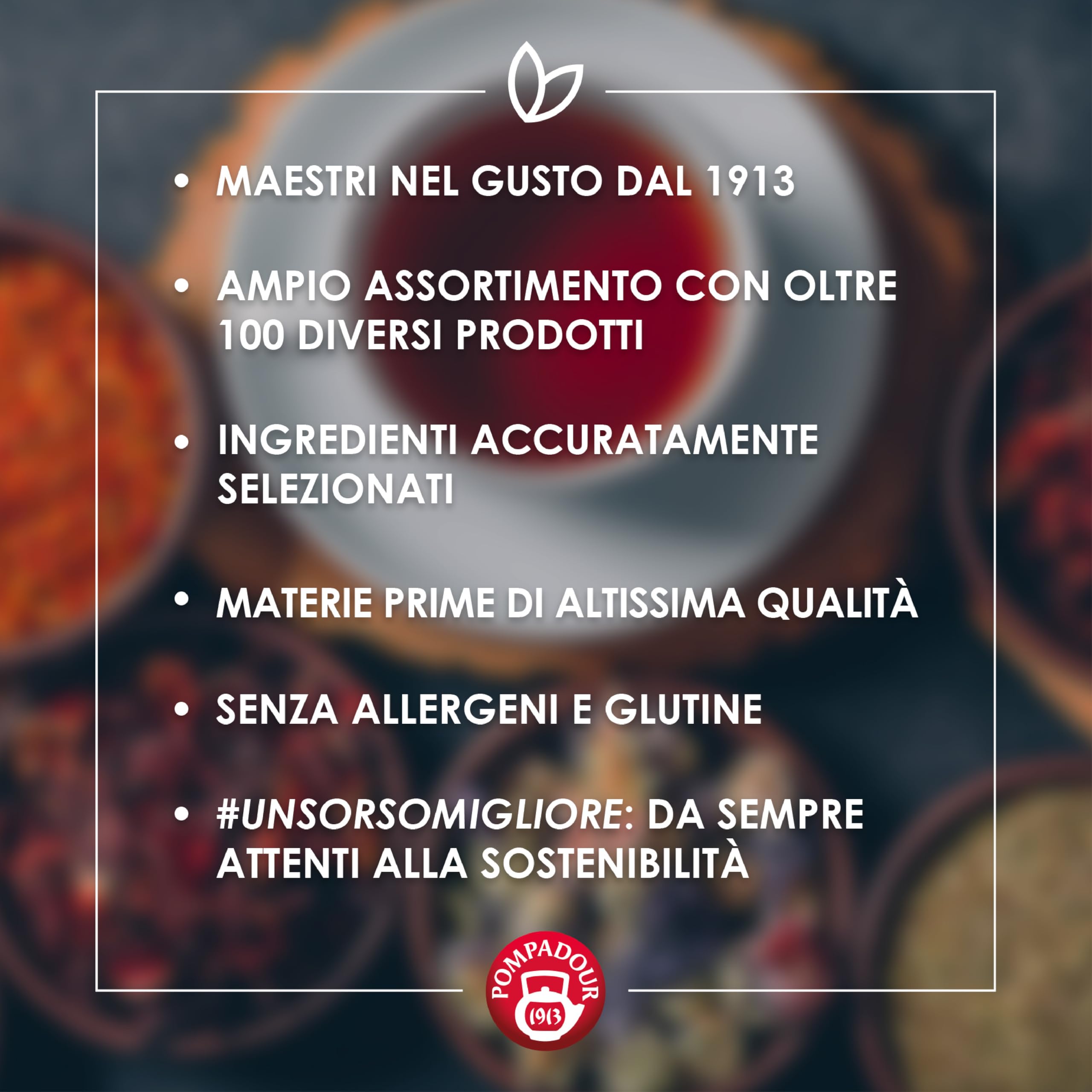 Pompadour, Box Infusi e Tè Freddi 15 Bustine x 8, Karkadè Cocco, Lime Menta, Lampone Limone, Pesca Maracuja, Frutti di Bosco e Menta, Mango Ananas, Ice Tea Limone, Ice Tea Pesca Mango