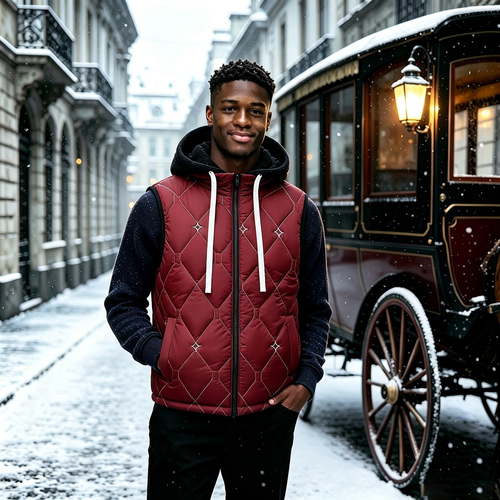 Generisch Gilet trapuntato da uomo, invernale, imbottito, caldo, senza maniche, con cappuccio, per attività all'aperto, invernale, urbano, elegante streetwear