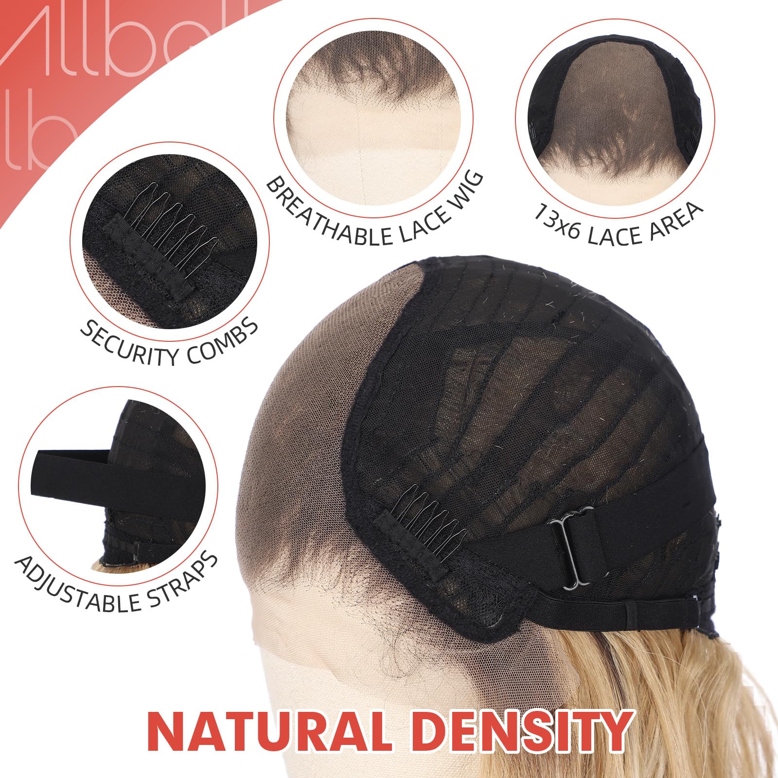Allbell Peluca Frontal de Encaje Ombre Rubio 13x6 para Mujeres Negras, Peluca Sintética HD Sin Pegamento, Reemplazo de Cabello Ondulado de 22 Pulgadas