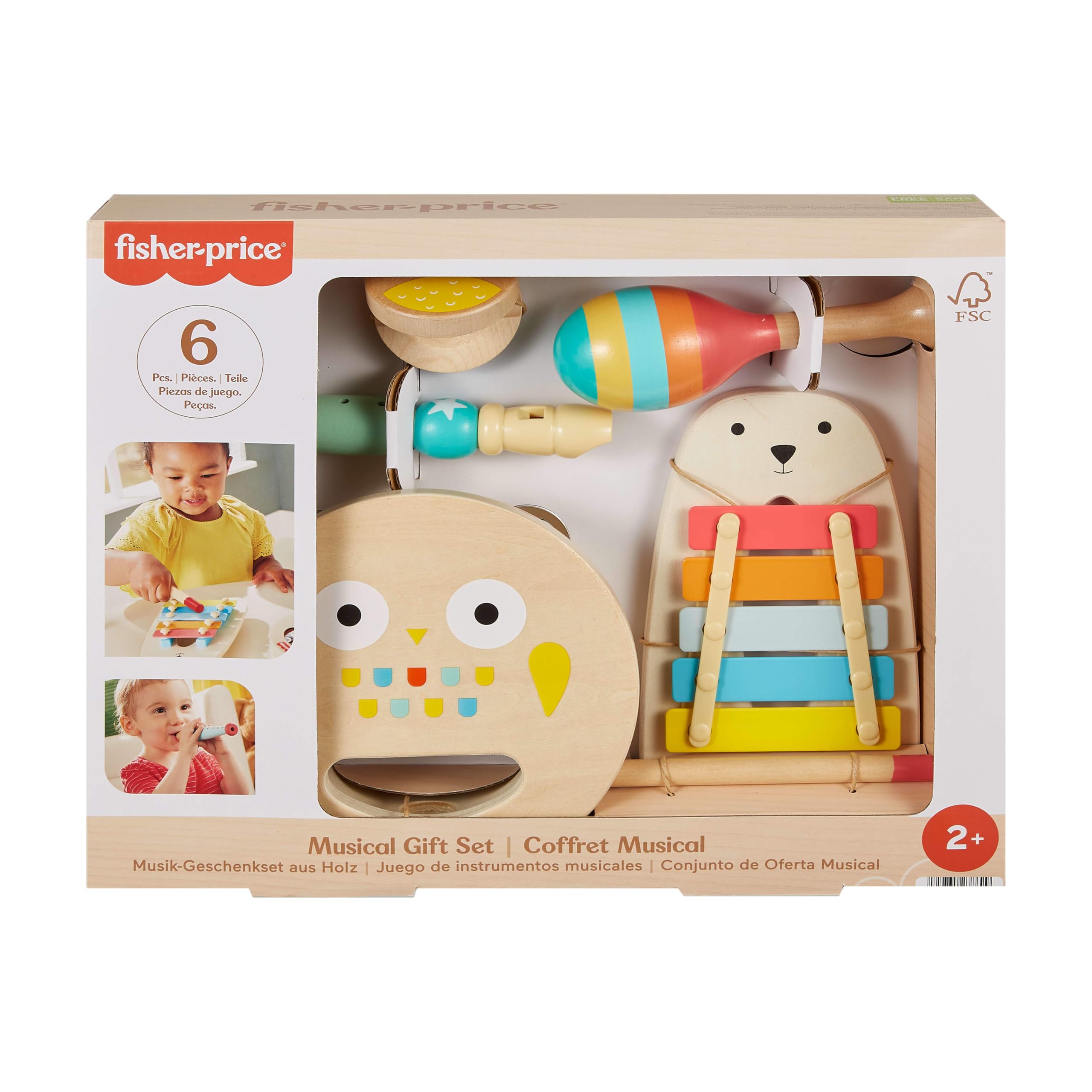 Fisher-Price Drewniane instrumenty Zestaw prezentowy z 6 drewnianymi elementami dla dzieci od 2 roku życia, HXT90