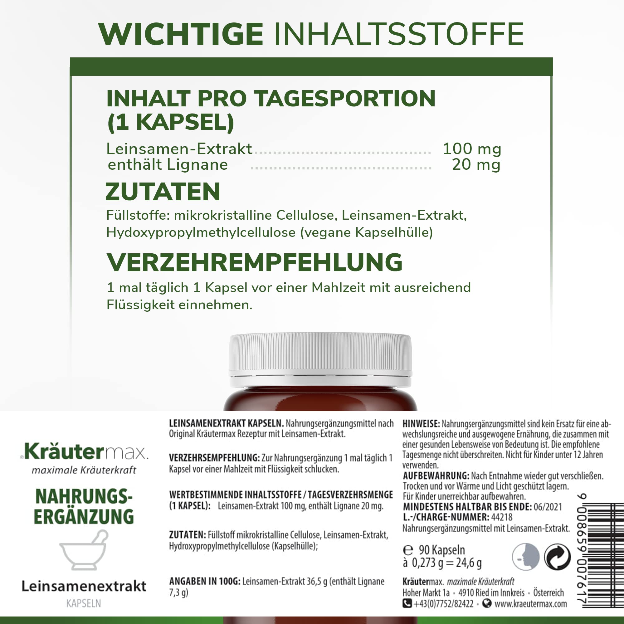 Kräutermax Leinsamen Kapseln Hochdosiert - Vegan - Pulver Linum Usitatissimum Extrakt - Glutenfrei - Leinsamenextrakt - 90 Kapseln