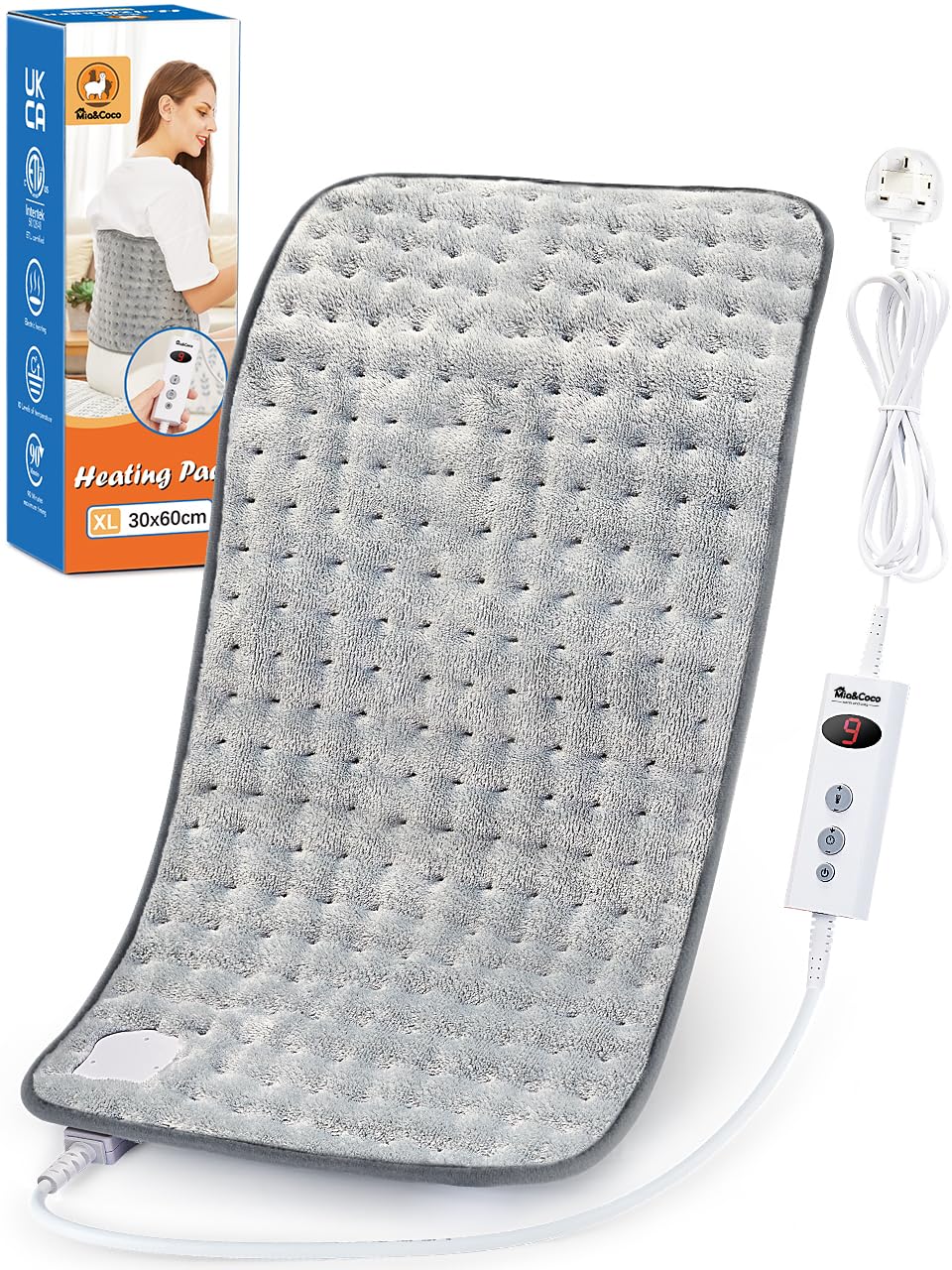 Electric Heating Pad for Back Neck Shoulders, Heat Pad with Auto Shut Off in 90 min,10 Heat Level Settings, Fast Heated Pad 100% Soft Comfortable Polyester, Machine Washable (30x60cm) Grey