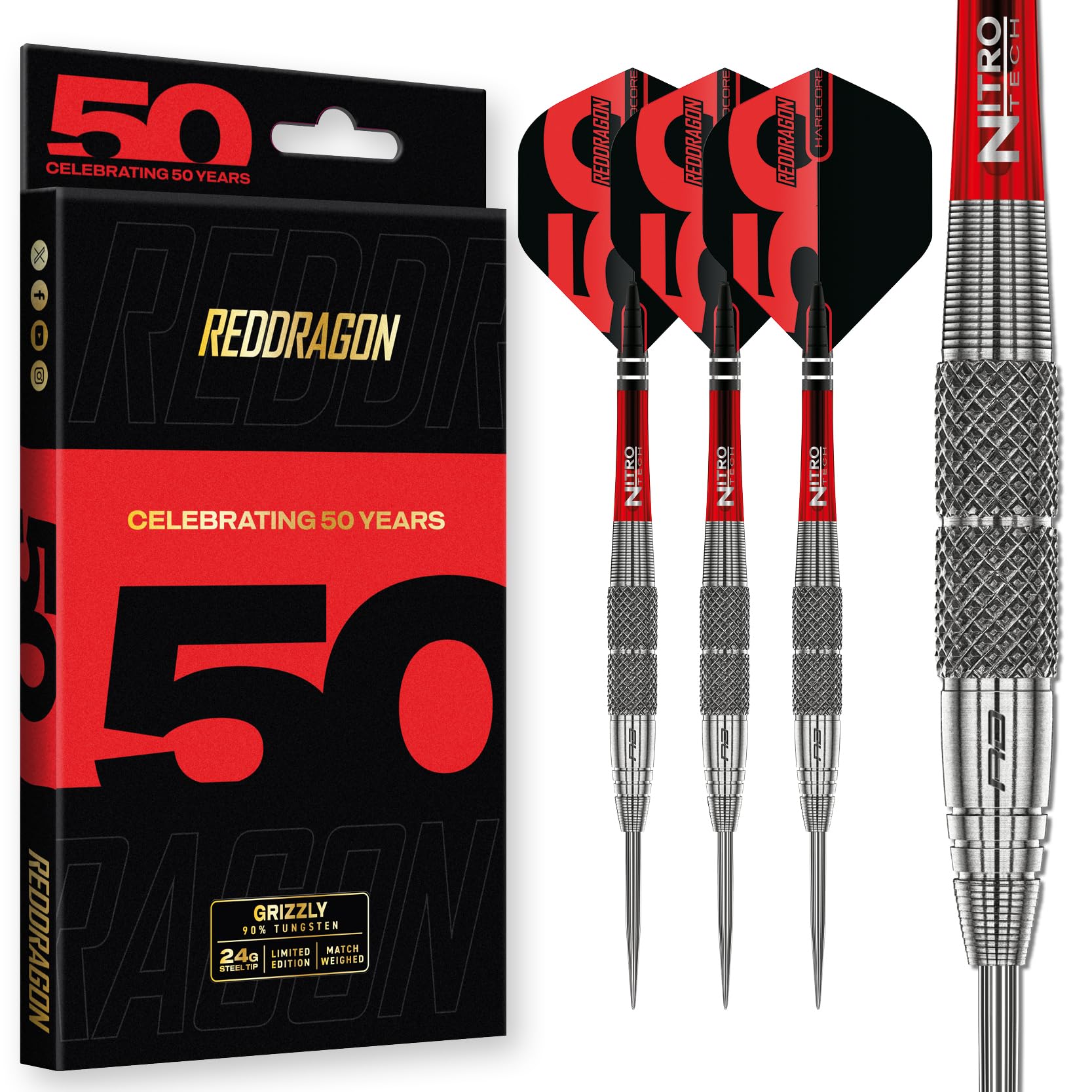 Fléchettes Red Dragon Grizzly – 90% Tungstène, édition 50 Ans, Pointes Acier, 24 Ou 25 G, Flights Anniversaire