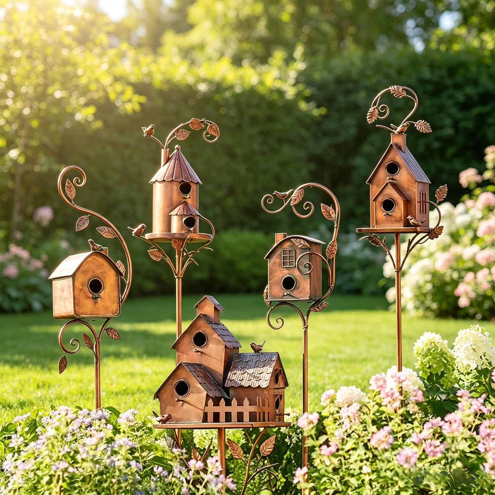 Paletto Da Giardino Con Casetta Per Uccelli In Ferro Fatta A Mano (5pcs) | Paletto Rustico Metallico Casetta Uccelli, Decor Giardino Per Aiuole, Portici, Vialetti, Recinzioni, Giardini Country