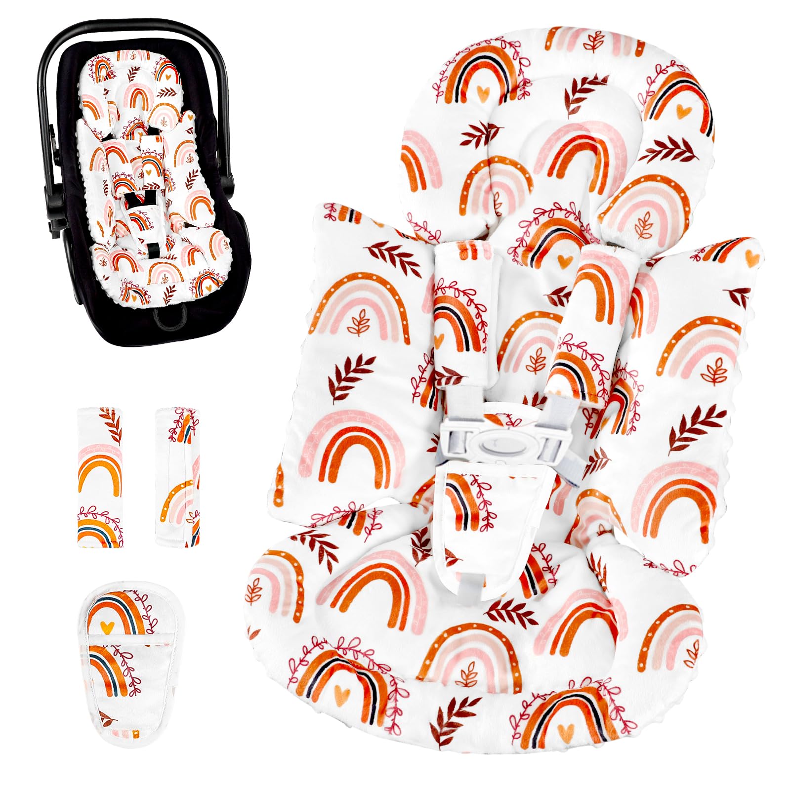 Pea Pod Infant Car Seat Insert with 3 Strap Covers, 3 in 1 Reversible Rainbow Baby Car Seat Head Support for Newborn, 3D Soft Minky Carseat Cushion