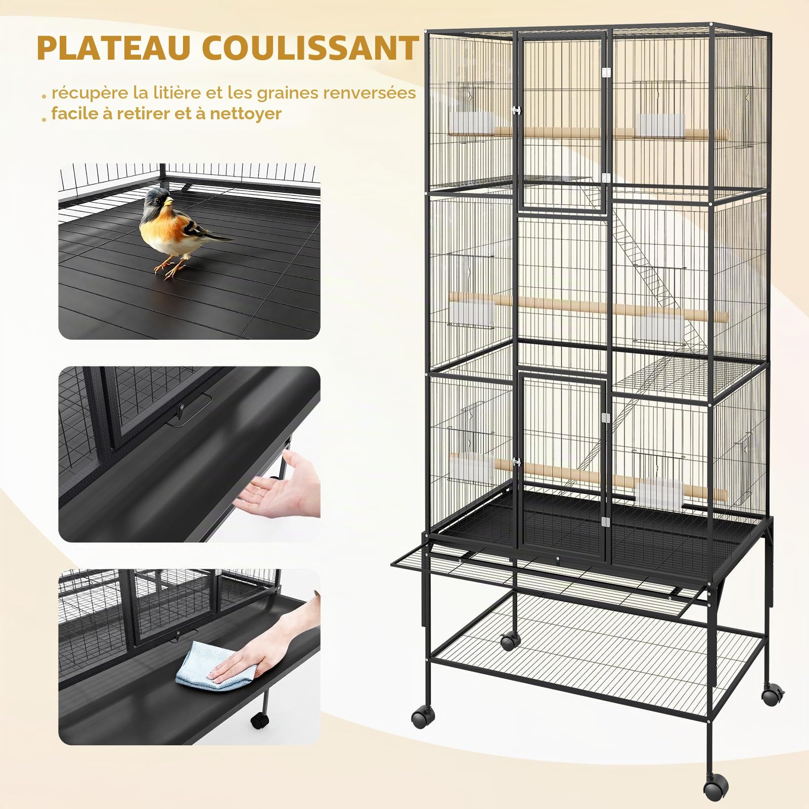 Grande cage à oiseaux, 81 x 47 x 175 cm, avec roulettes à 360 °, perchoirs, gamelle et bac à saleté, volière en métal pour l'intérieur et l'extérieur, cage d'élevage pour perroquets, perruches
