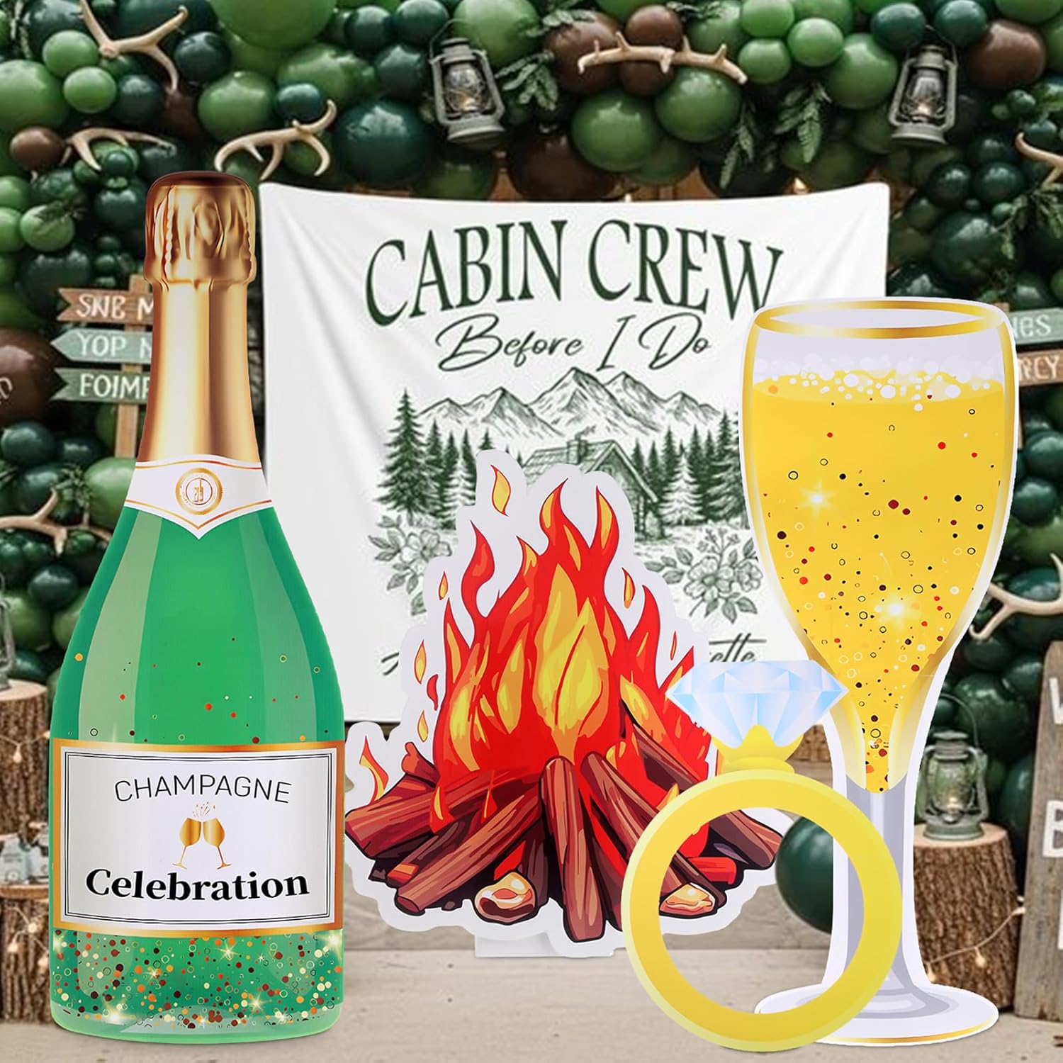 4 Pcs Camping Bachelorette Party Decorations Champagne Bottle Wineglass Fake Fire Diamond Ring Large Standees for Camp Engagement Bachelorette Outdoor Party Supplies