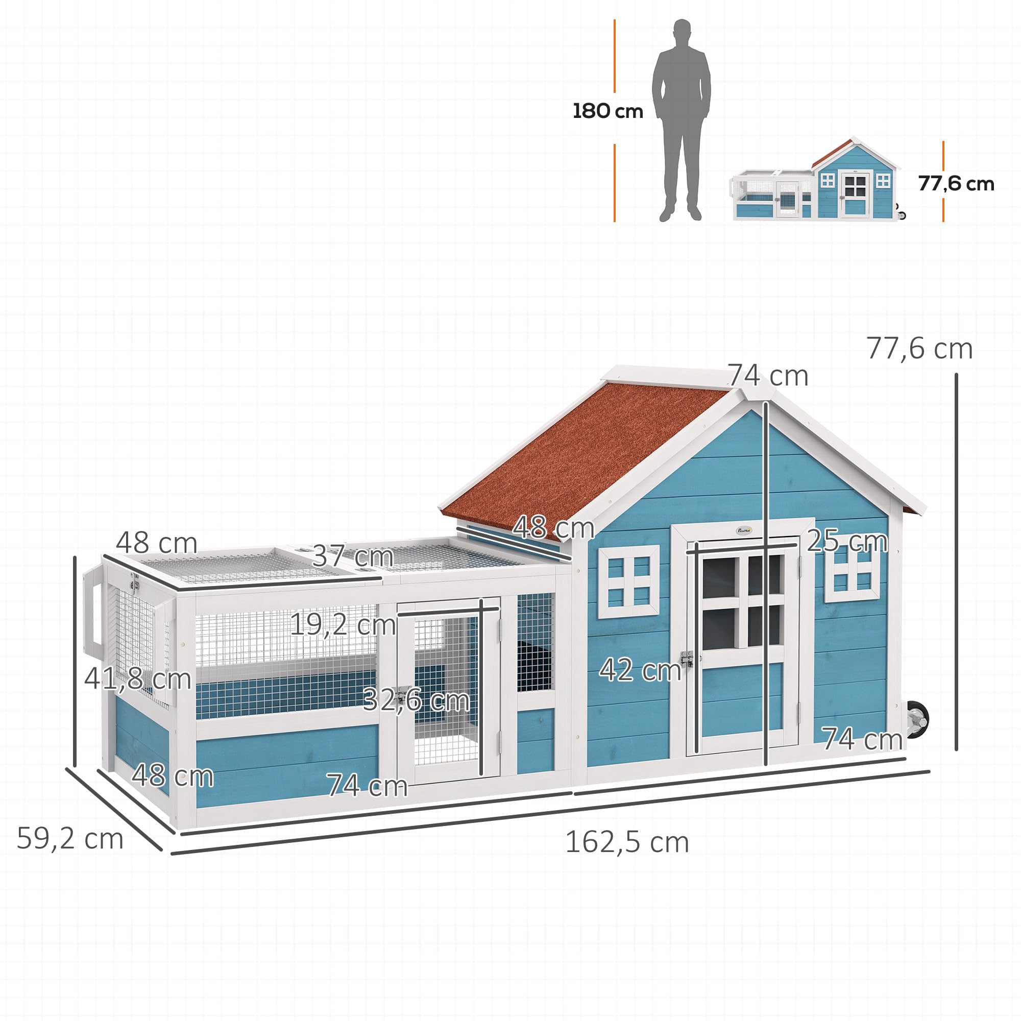PawHut Conejera Exterior de Madera 162,5x59,2x77,6 cm Jaula para Conejo Casa para Conejos con Ruedas Rampa Ventanas de Decoración Puerta y Techo de Asfalto Azul