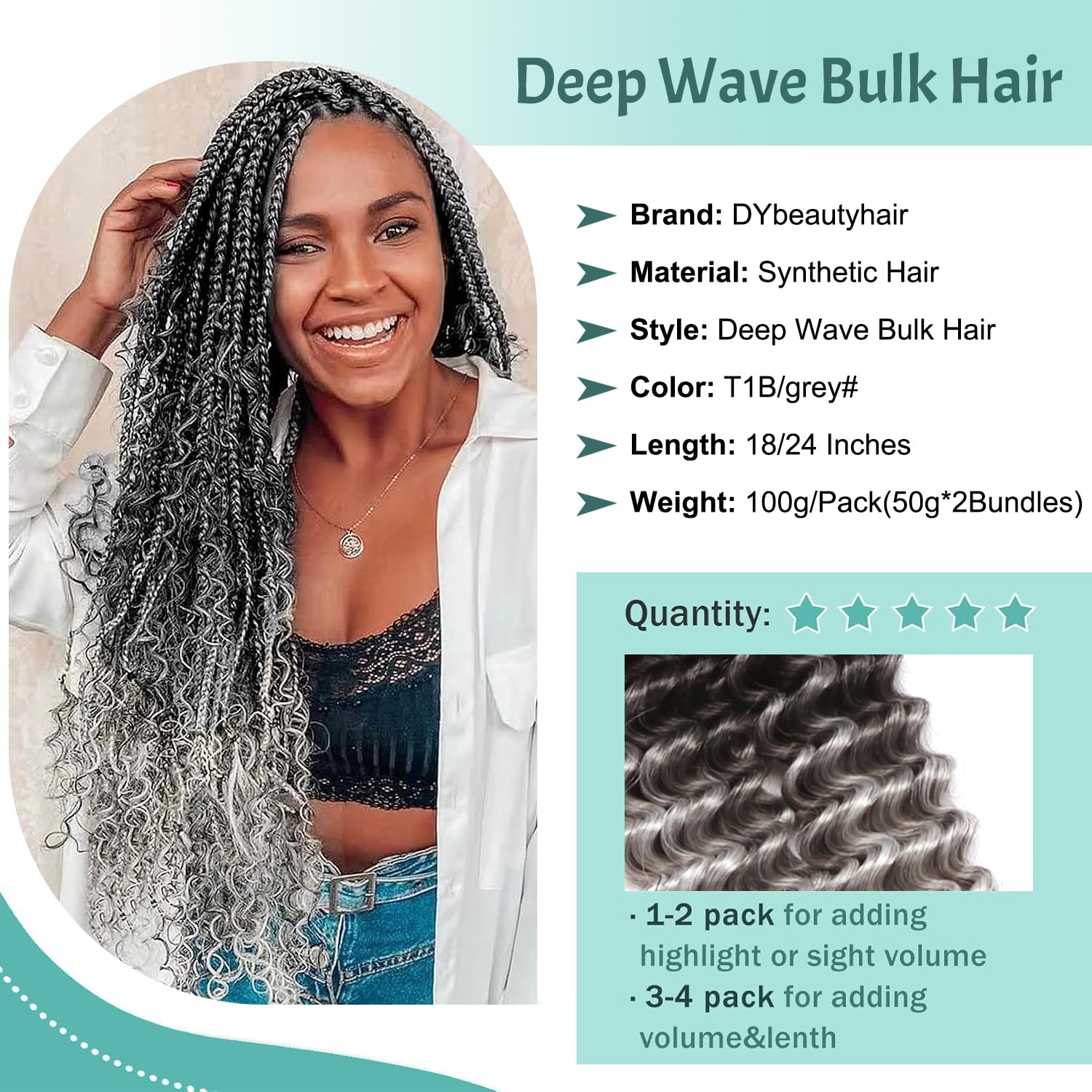 Bohemian Braiding Hair Grey Deep Wave Bulk Hair for Braiding No Weft Hair Curls for Boho Braids Wet and Wavy Curly Bundles for Braiding Hair Extensions (OT1/Grey - Image 2