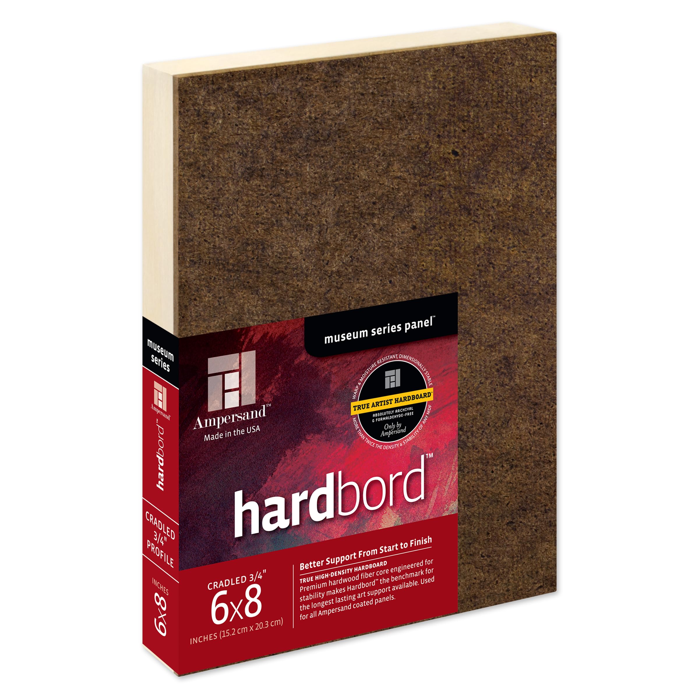 Ampersand Art Supply Hardboard Wood Painting Panel: Museum Series Hardbord, 6" x 8", 3/4 Inch Cradled Profile