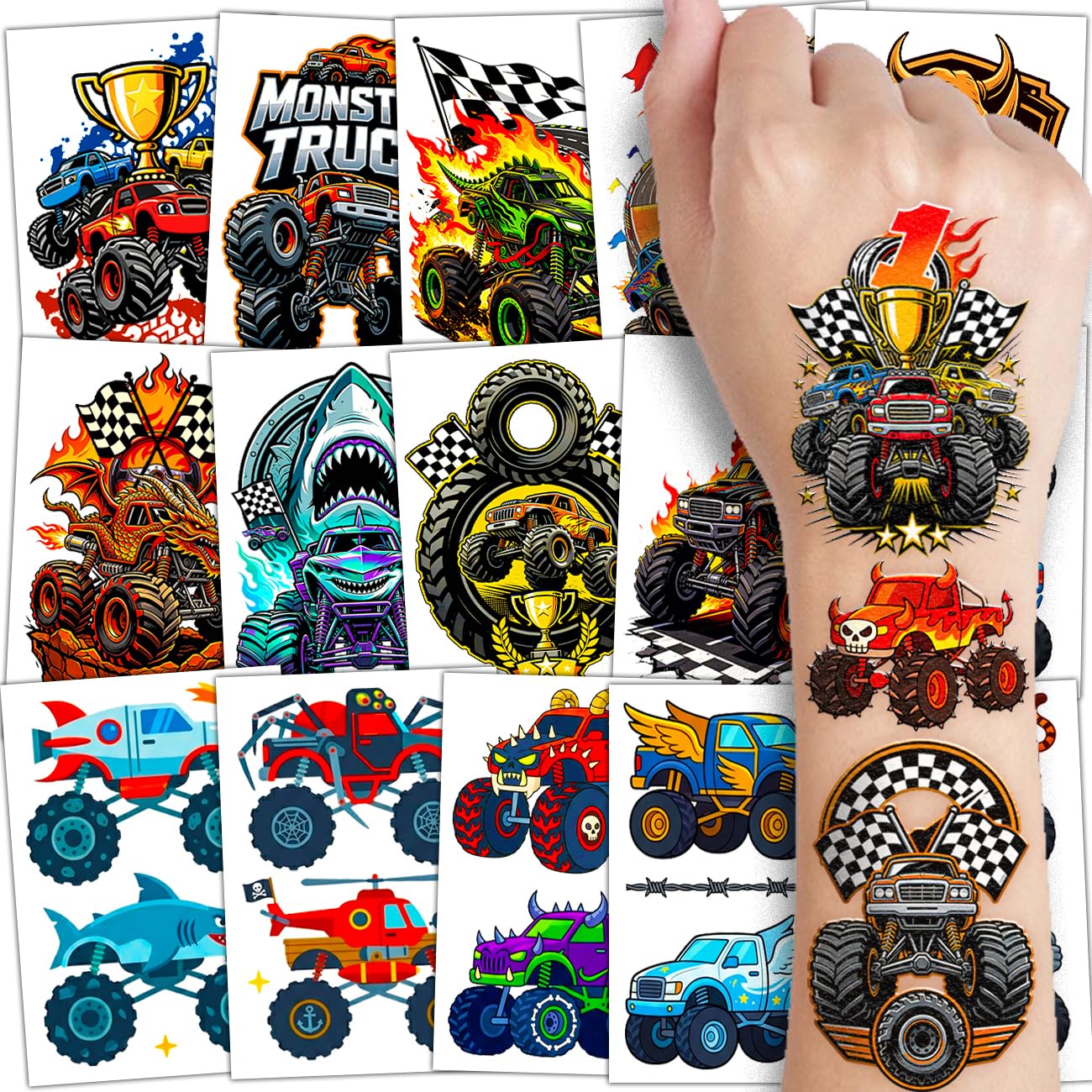 CHARLENT Large Monster Truck Temporary Tattoos for Kids
