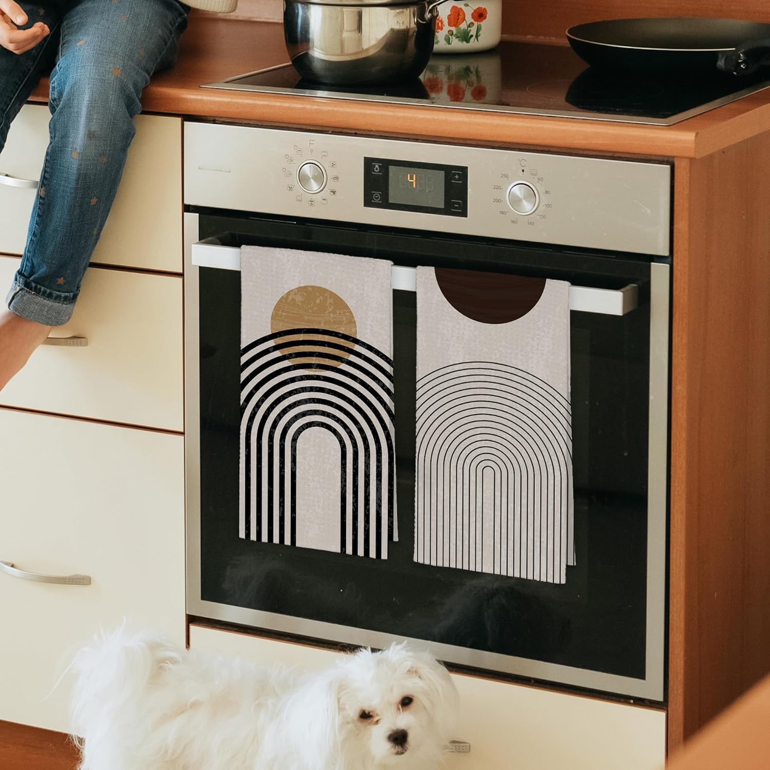 Boho Kitchen Towels Set of 2, Black Beige Minimalist Hand Towels for Bathroom, Boho Abstract Decorative Dish Towels Decor for Kitchen Home 16x24in - Image 4