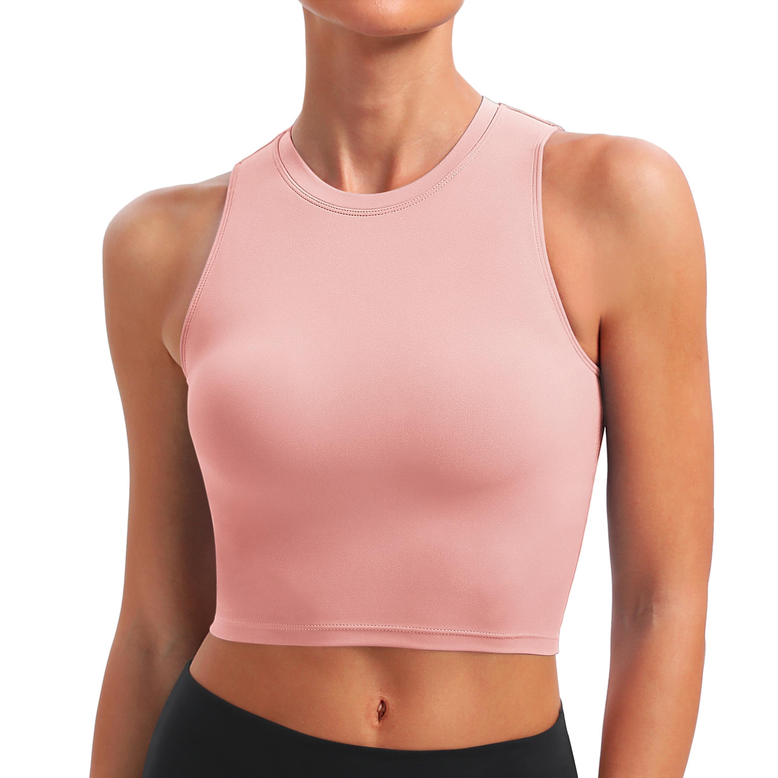 BAYDI Sports Bra Removable Padded Crop Tops High Neck Tank Tops with Built in Bra Longline Yoga Workout Top Coral