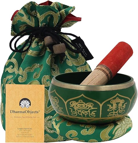 DharmaObjects Mediano  Juego de cuencos cantantes Om  Con mazo, cojín de brocado y bolsa de transporte  Para meditación, curación de chakras,