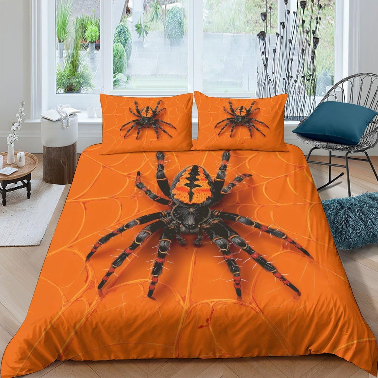 GPLZQXKJNH 3D Printed Orange Spider Duvet Cover Microfiber Soft Breathable Tarantula Bedding Set with 2 Pillowcases for Bedroom Apartment Decor Single（135x200cm）