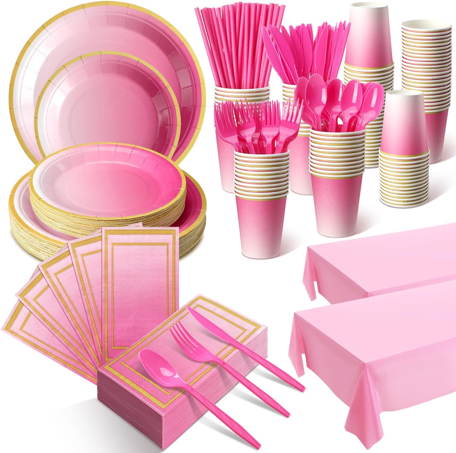Hushee 452 Pcs Disposable Plates Set Party Supplies for 50 Guests OmbreHot Pink Plates, Napkins and Tablecloth, Plastic Cutlery and 9OZ Cups Dinnerware for Birthday Wedding Babyshower Decoration