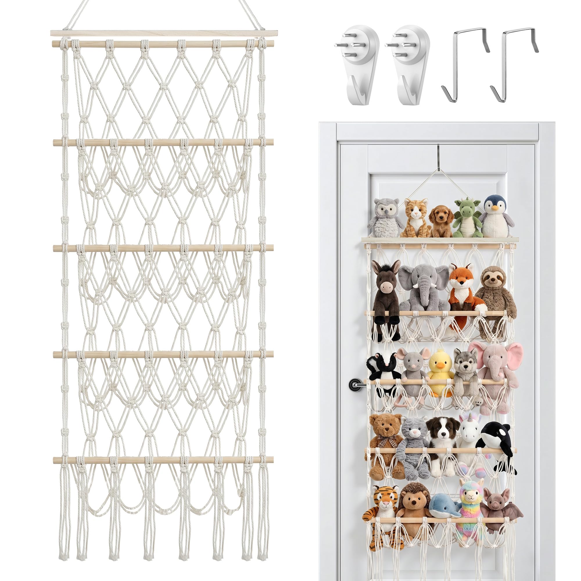 Zocipro Large Capacity Plush Toy Holder – 4-Layer Vertical Hanging Storage Organiser – Space-Saving Stuffed Animal Net for Kids' Bedrooms, Nursery & Door – Beige