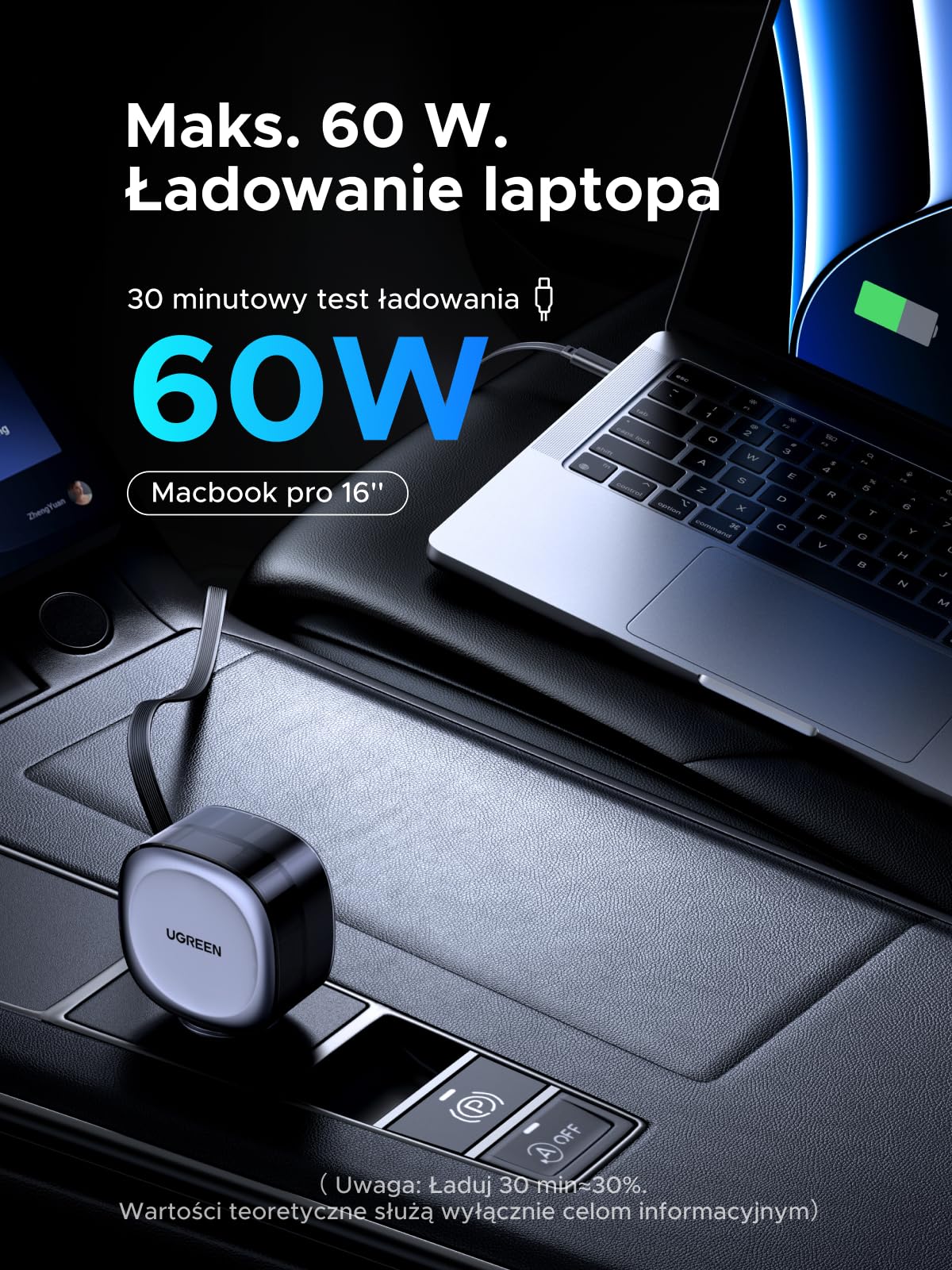 UGREEN Ładowarka USB C 75 W zwijana do zapalniczki samochodowej z kablem | Szybkie ładowanie typu C o mocy 60W, kompatybilne z zasilaniem samochodowym 12V-24v, do komputerów Macbook/iPad/iPhone/Galaxy