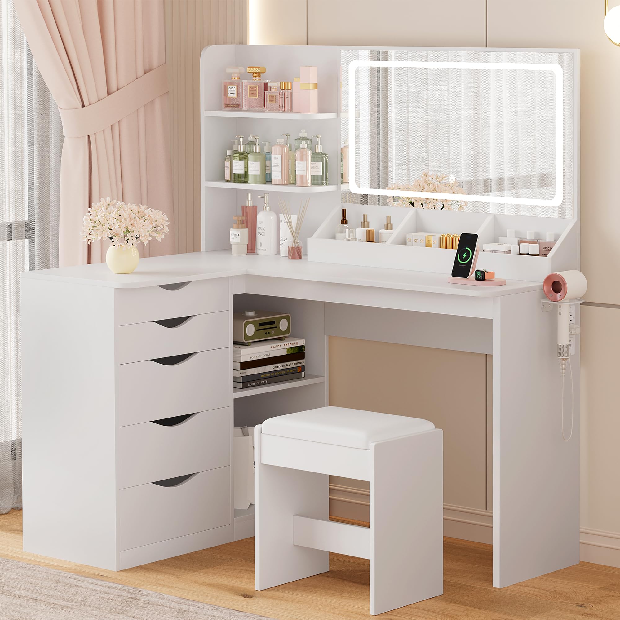 Amazon.com: YESHOMY Vanity Desk with Lights and Mirror, L Shaped