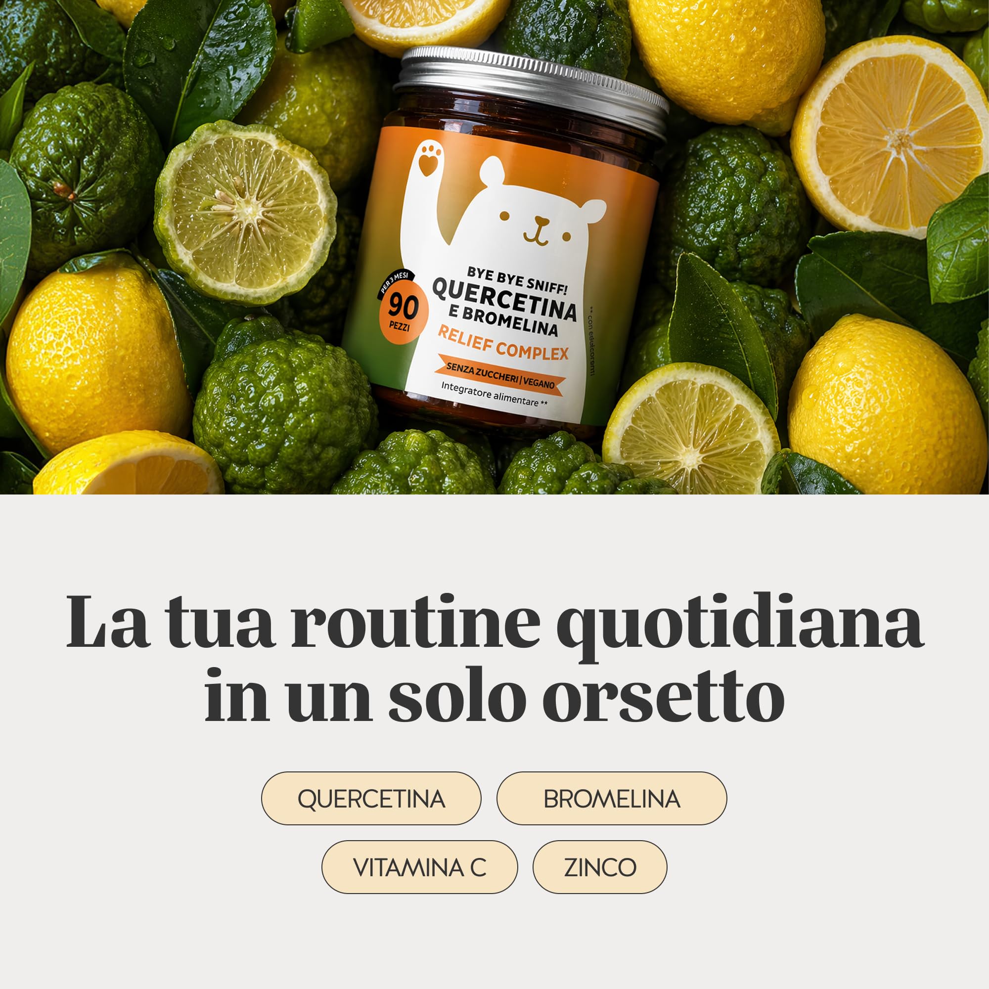 Quercetina e Bromelina - Cambio stagione e Prurito - Bye Bye Sniff Relief Complex - Vitamina C e Zinco - Sistema Immunitario e Stanchezza - 90 pezzi - Vegano, Sugar free - Bears with Benefits