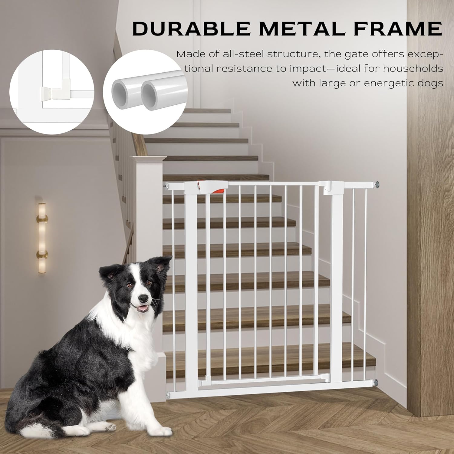 36" Height Adjustable Dog Gate 28-36.25", Easy Walk Thru Auto Close Metal Safety Gate for House, Easy Install Pressure Mounted Adjustable Pet Gates for Doorways, White