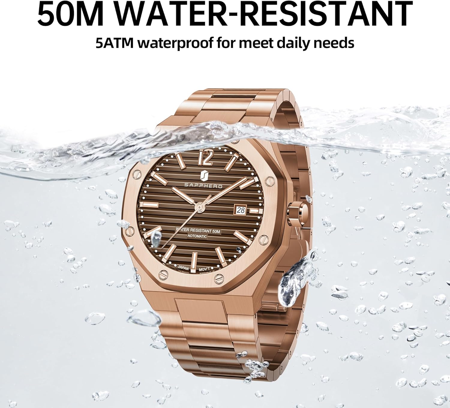 SAPPHERO Mens Watches 50M Waterproof, Men's Mechanical Automatic Watch, Modern Stylish Business Stainless Steel Strap Watch for Men with Date Elegant Mens Gift - Image 6