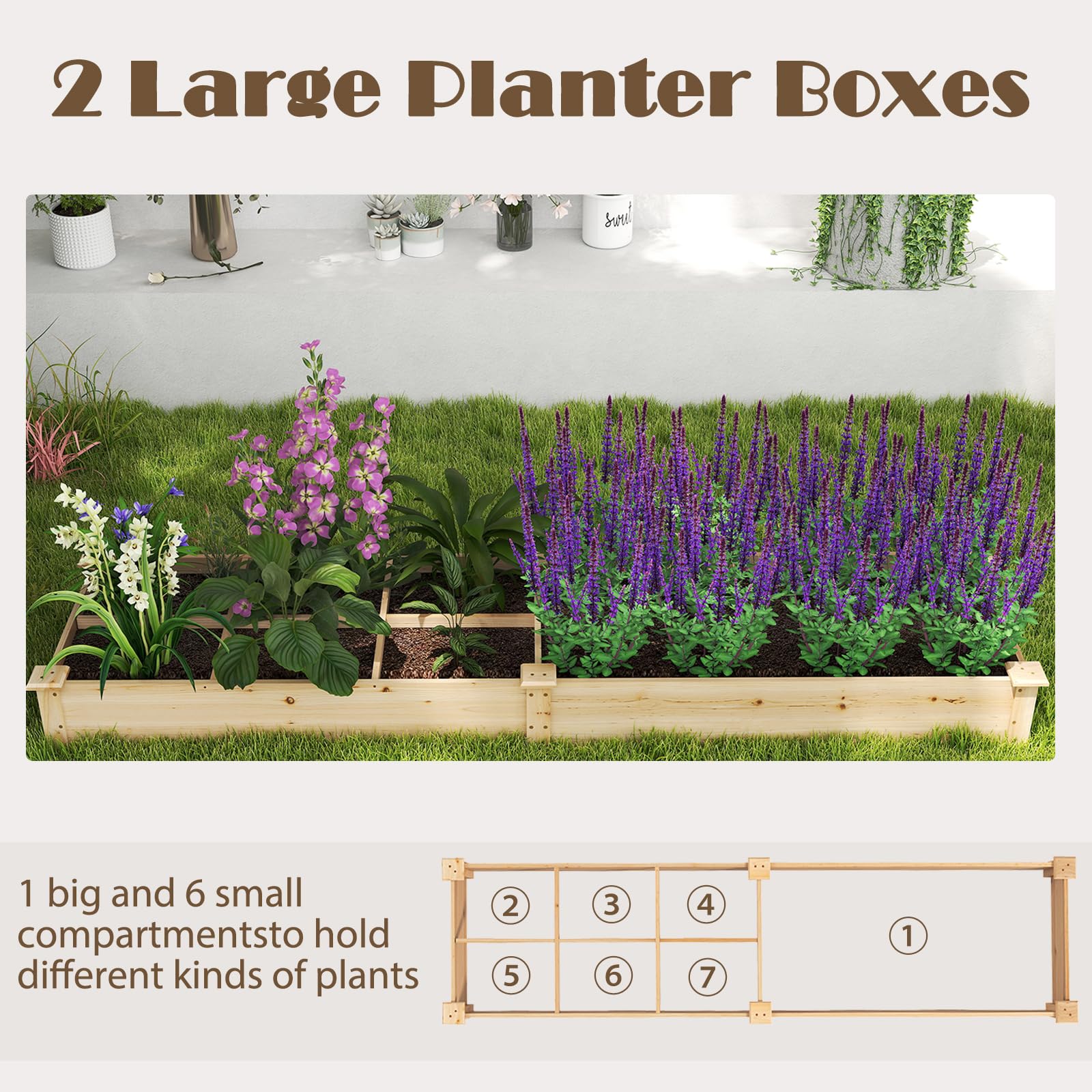 HOMASIS Carré Potager en Bois, Jardiniere Extérieur Grande Taille avec 2 Bacs à Fleurs, Séparateurs pour Fleurs, Légumes, Fruits, Herbes, Lit de Jardin 228 cm Intérieur pour Terrasse Balcon (Naturel)