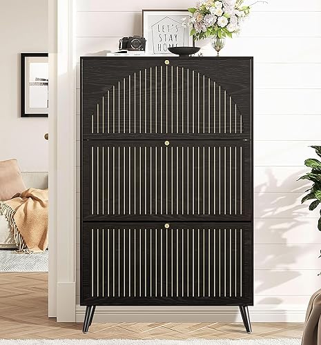 Miniatura 19 de Armario de almacenamiento de zapatos para entrada con 3 cajones abatibles, organizador estrecho de zapatos con panel estriado, armario oculto