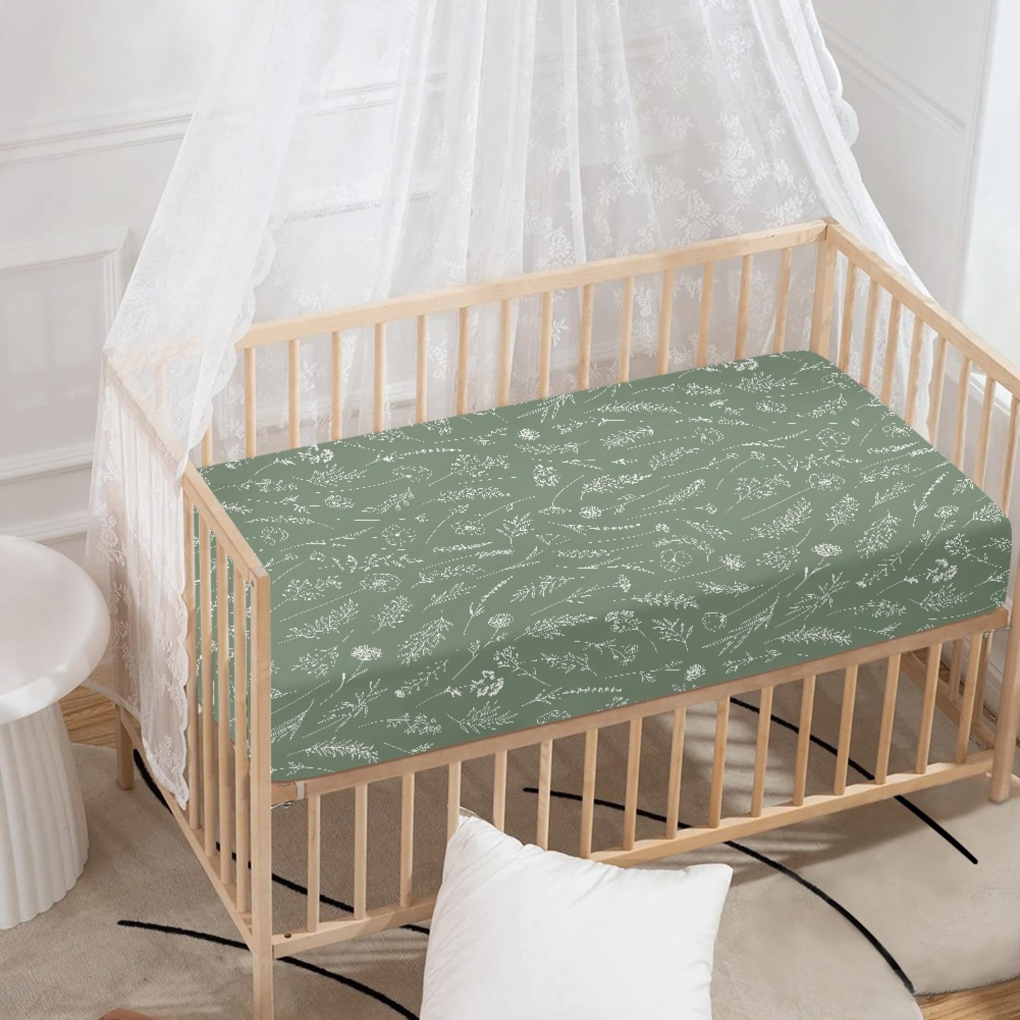 Sábana bajera ajustable para cuna, diseño de prado y flores silvestres, color verde salvia, para colchón estándar de cuna y niños pequeños, 71 x 132 cm