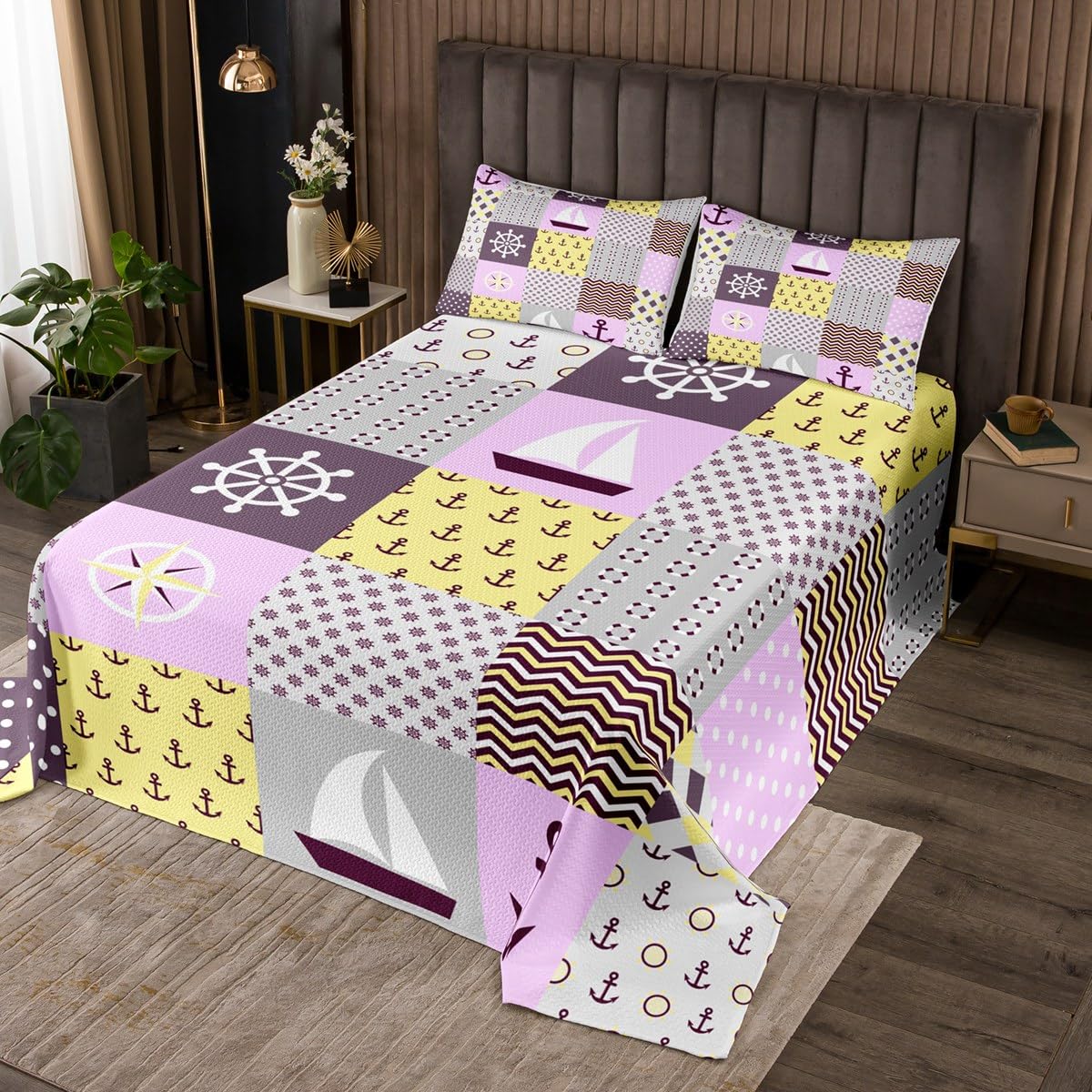 Castle Fairy Nautical Plaid Coverlet Set Queen Size,Cute Anchor Rudder Ship Durable Bedspread for Girls Teens,Purple Yellow Geometric Patchwork Soft Polyester Quilt Set, with 2 Pillowcases