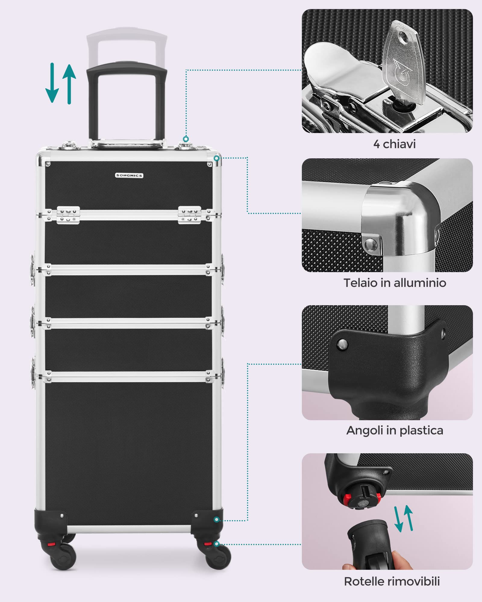 SONGMICS Valigetta Trucchi, Valigia Porta Trucchi 4 in 1, Grande, Trolley Make Up, Beauty Case da Viaggio, 35 x 25 x 79 cm, con Serratura, Ruote Girevoli a 360°, Idea Regalo, Nero JHZ11BK